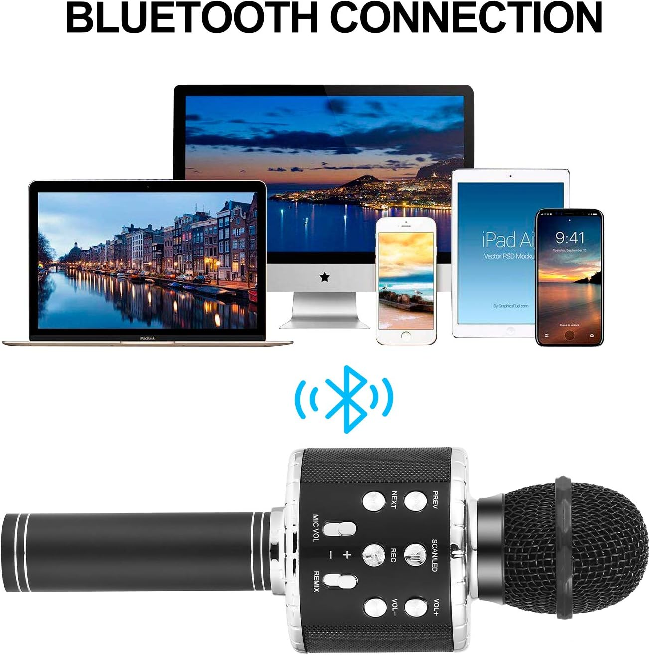 Ein Mikrofon vor Laptop, Computer, Telefonen und Tablet, die Bilder zeigen. Bluetooth-Symbol darüber. Text: Bluetooth-Verbindung.