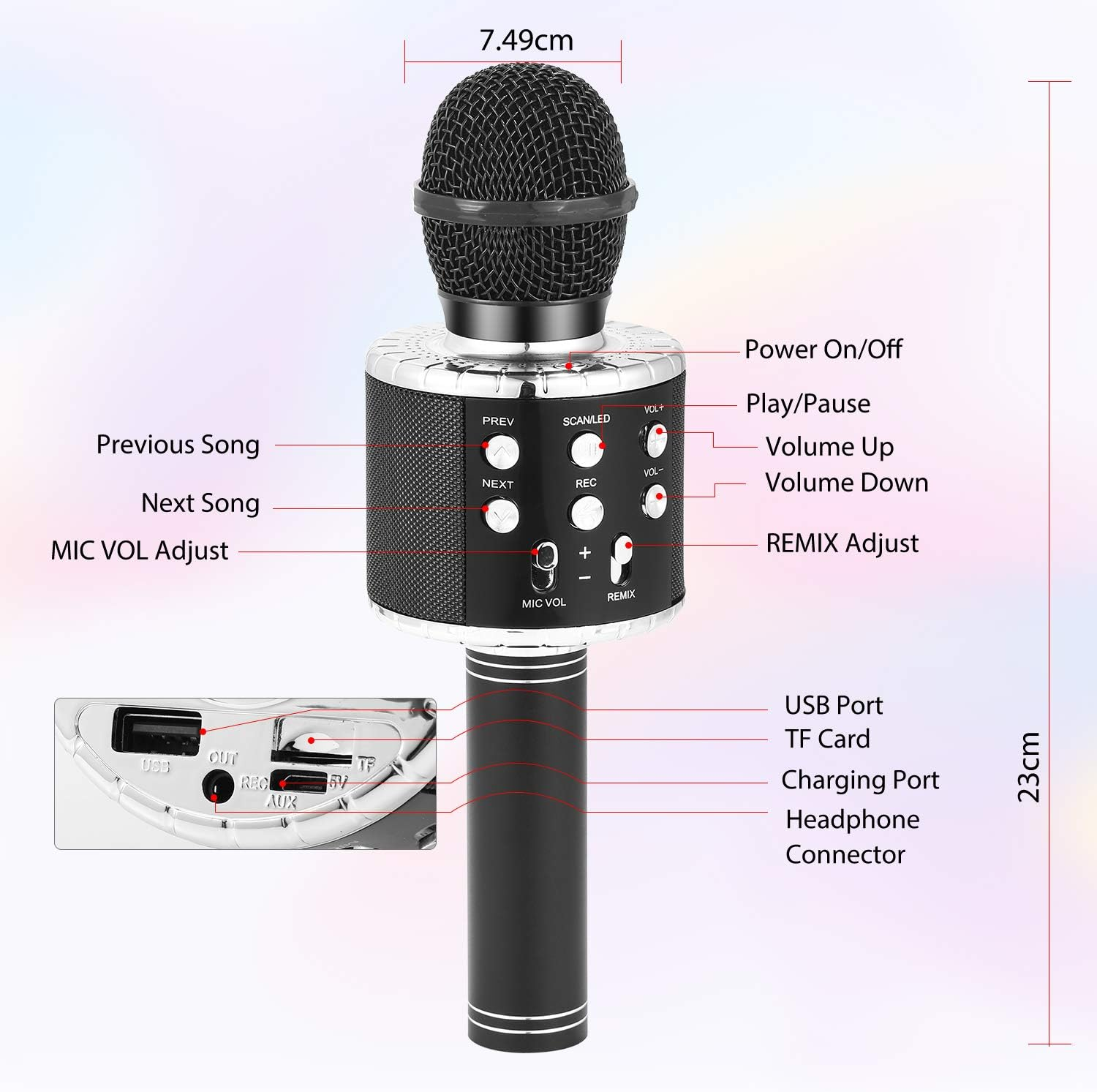 Ein schwarzes und silbernes Mikrofon mit beschrifteten Tasten und Anschlüssen. Enthält Strom-, Lautstärke-, Song-Steuerung und Anschlüsse für USB, TF-Karte und Kopfhörer.