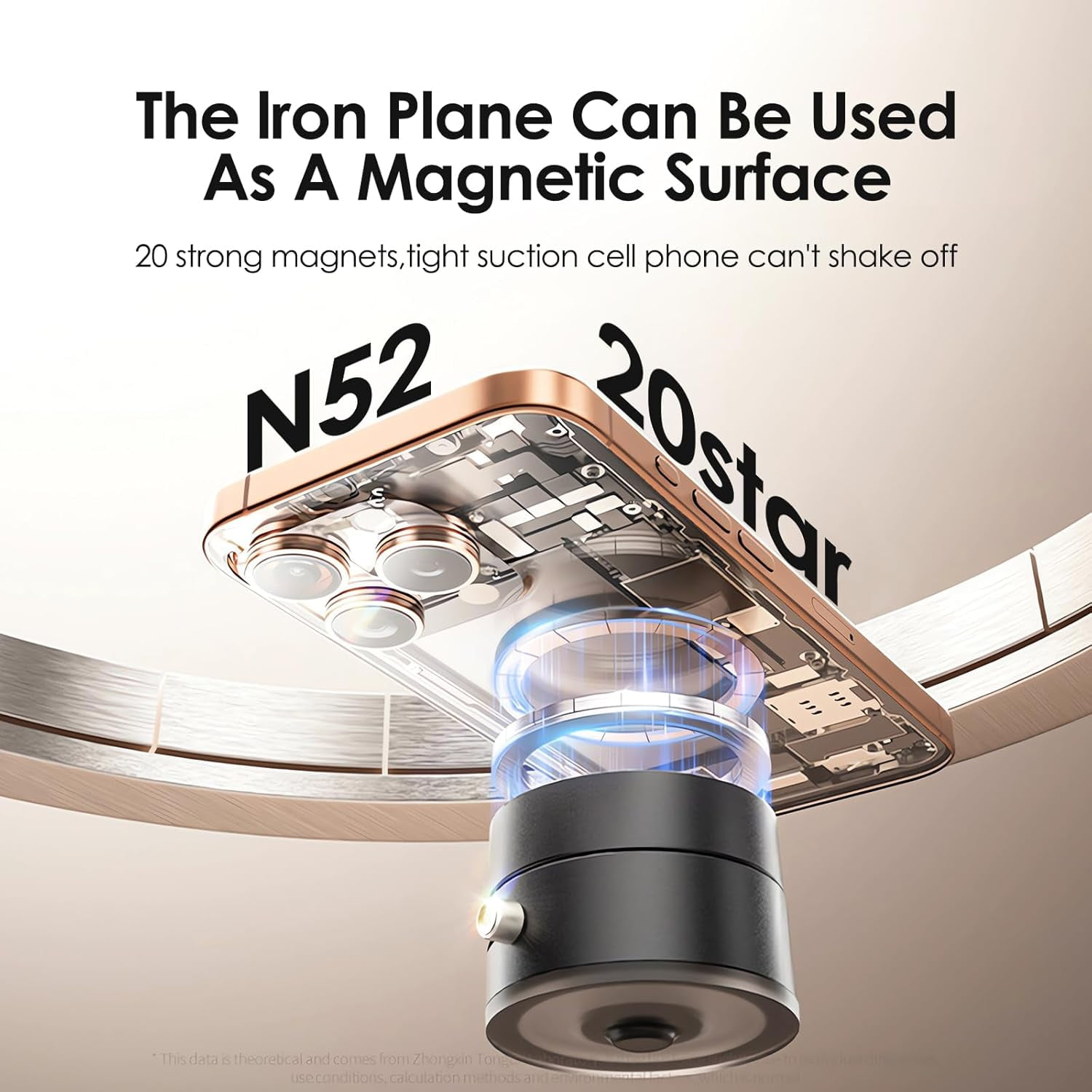 Ein Telefon ist magnetisch an einem schwarzen Gerät befestigt. Der Text lautet: "The Iron Plane Can Be Used As A Magnetic Surface".