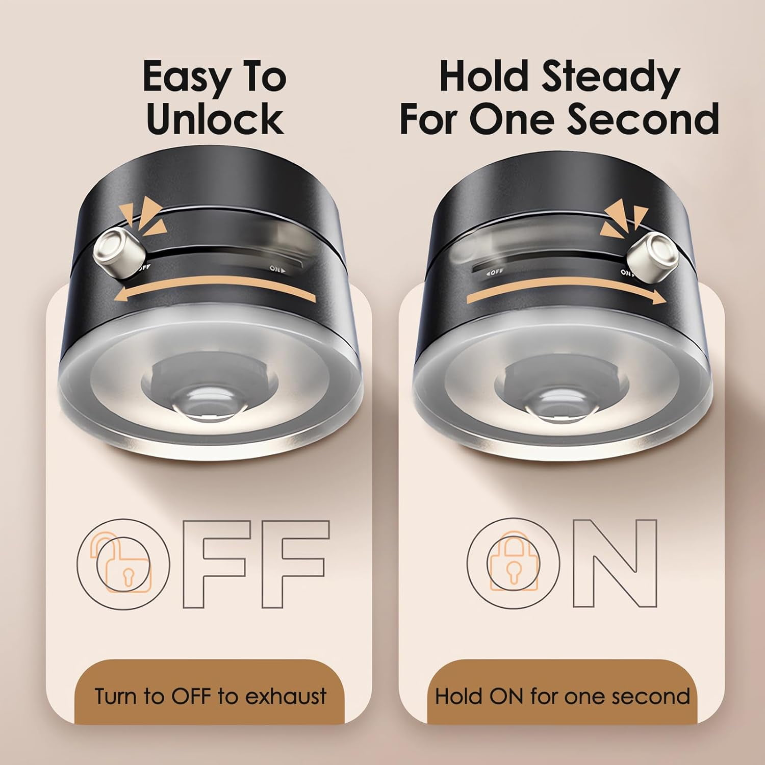 Zwei Produktansichten mit den Anweisungen 'Easy to Unlock' und 'Hold Steady'. Schwarzes Gerät mit silbernem Knopf, 'OFF'- und 'ON'-Anzeigen.