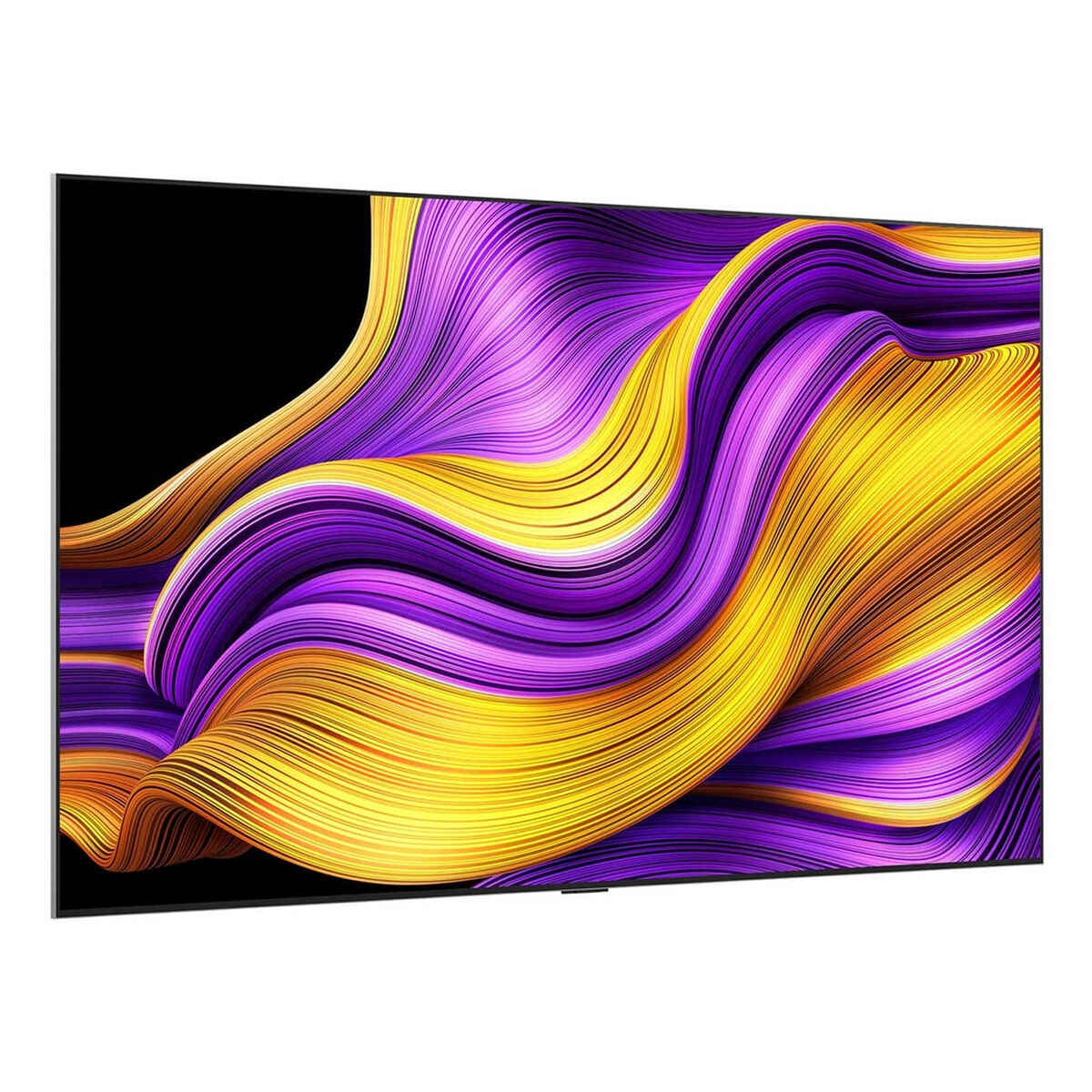 Duży telewizor z płaskim ekranem wyświetla żywy, abstrakcyjny wzór wirujących żółtych i fioletowych linii na czarnym tle.