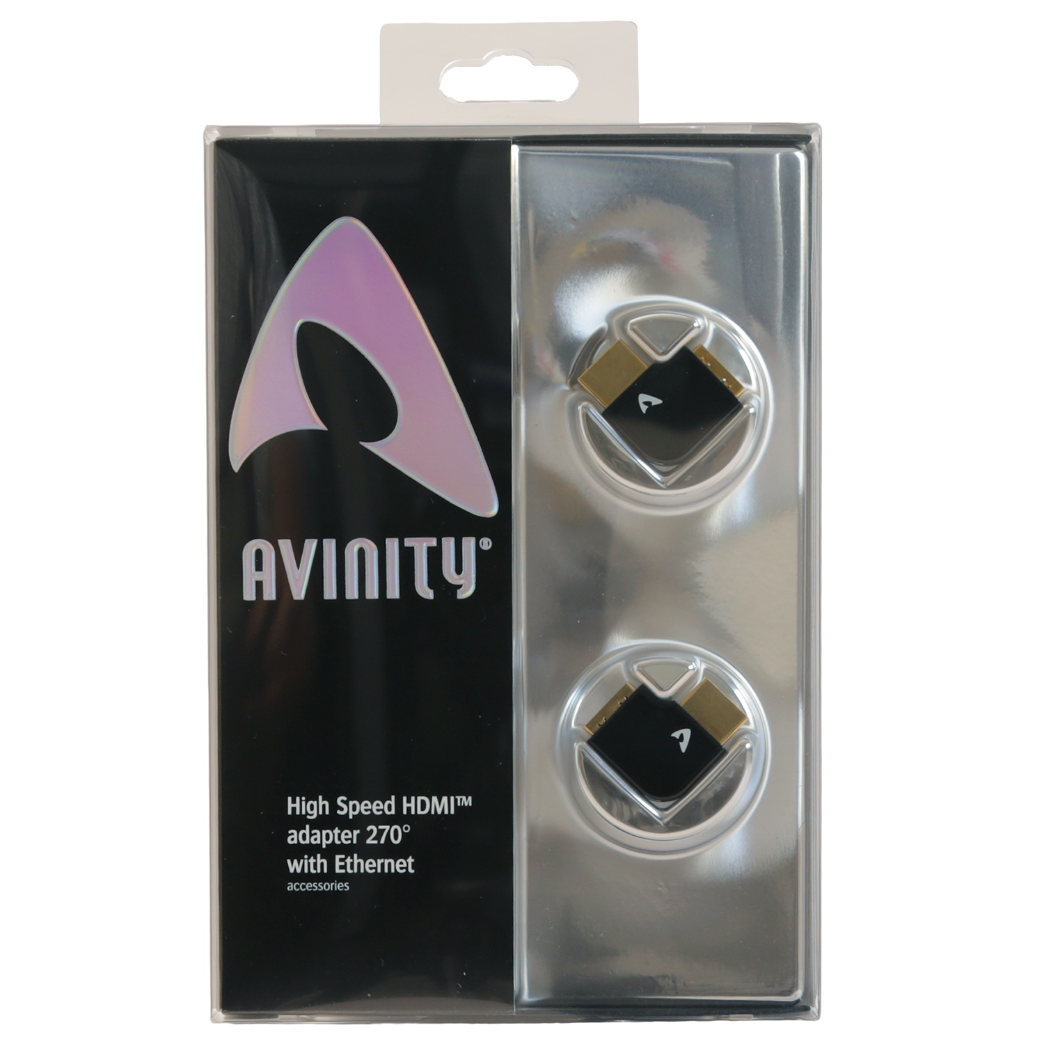 Eine Verpackung zeigt zwei HDMI-Adapter. Die Verpackung ist aus klarem Kunststoff. Der Markenname ist Avinity.
