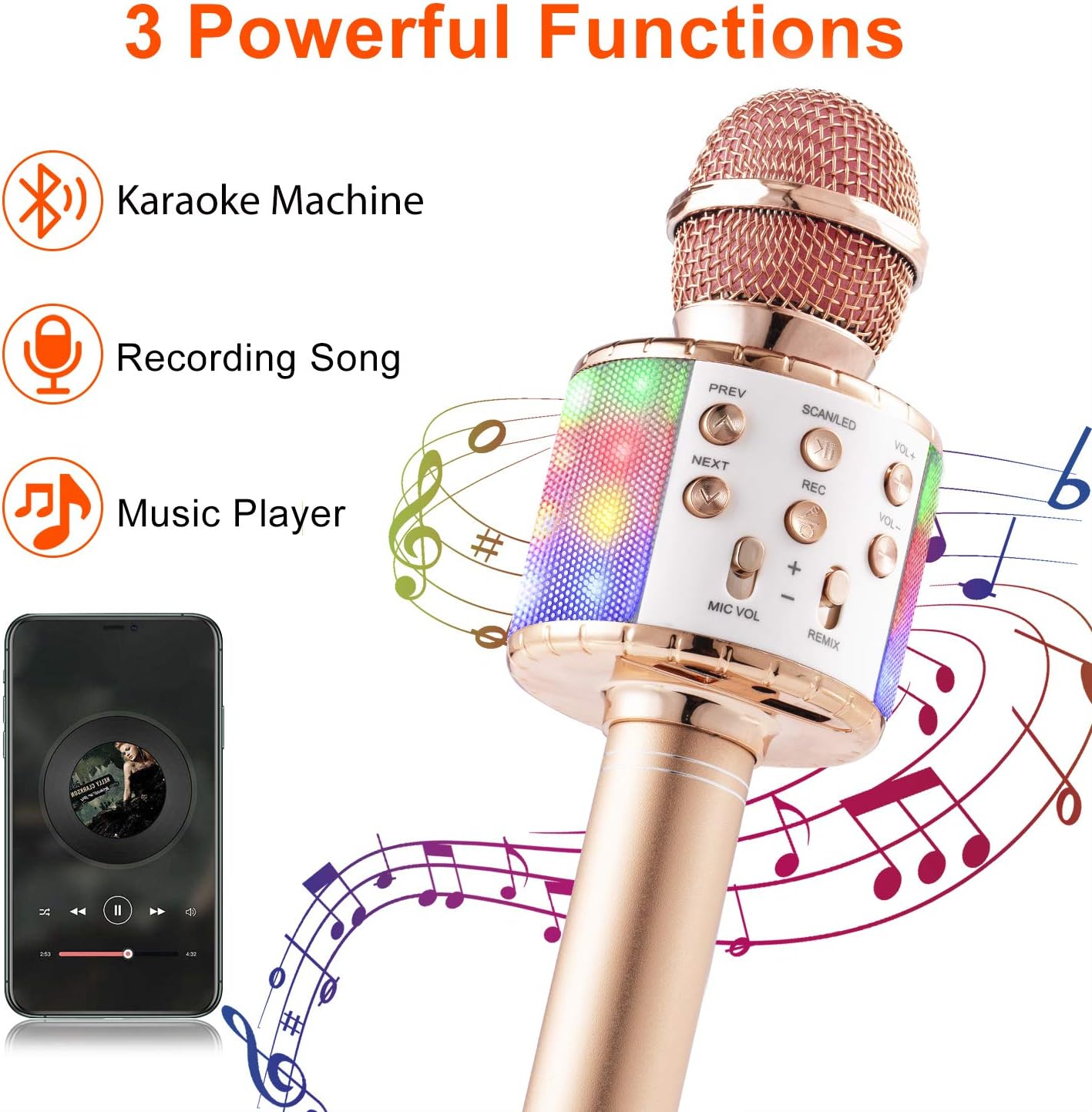 Ein goldenes Karaoke-Mikrofon mit einem Smartphone, das Musik abspielt, Noten und Symbolen für Funktionen: Karaoke, Aufnahme und Musik.