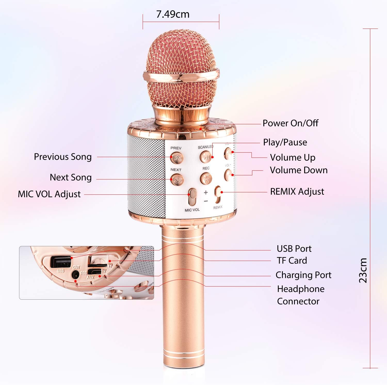 Ein roségoldenes Mikrofon mit Bedienelementen für Lautstärke, nächster Song und Strom. Anschlüsse für USB, TF-Karte und Aufladen sind sichtbar.