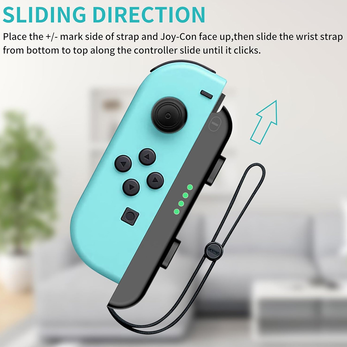 Ein türkisfarbener Joy-Con-Controller mit schwarzem Riemen. Ein Pfeil zeigt das Hochschieben des Riemens an. Der Controller hat Knöpfe und Indikatoren.
