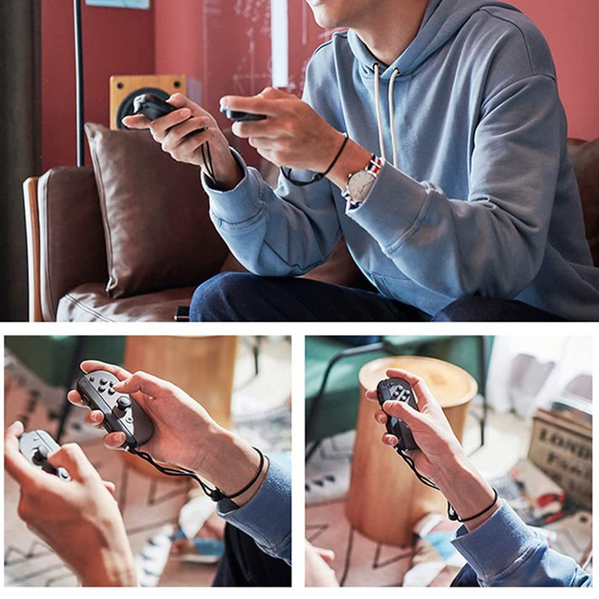 Eine Person mit blauem Hoodie hält zwei Gamecontroller. Die Szene umfasst ein Sofa, einen Lautsprecher und einen Holztisch.