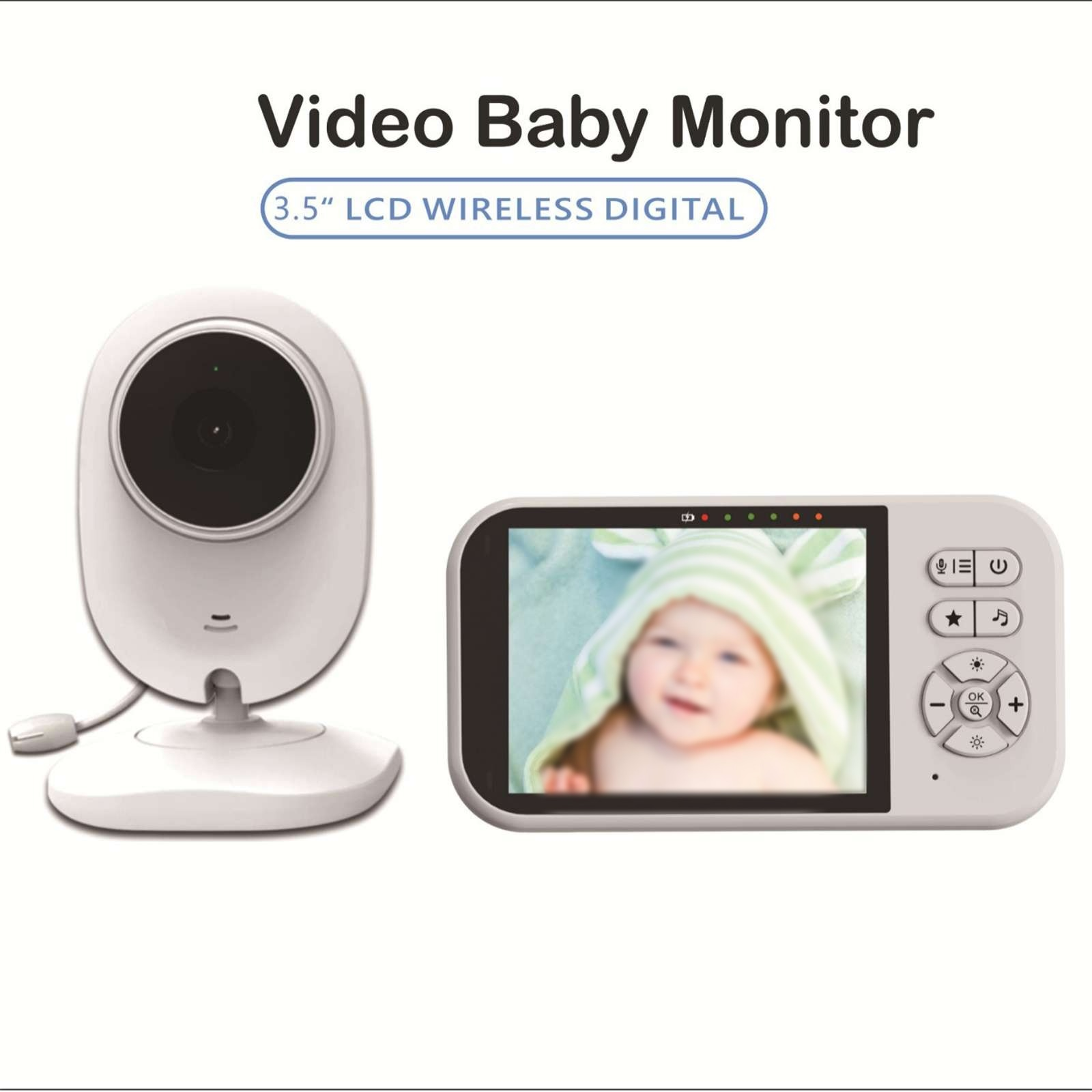 Babyphone-Set: Kamera links, Bildschirm rechts. Der Bildschirm zeigt ein Baby in einem grün gestreiften Handtuch.