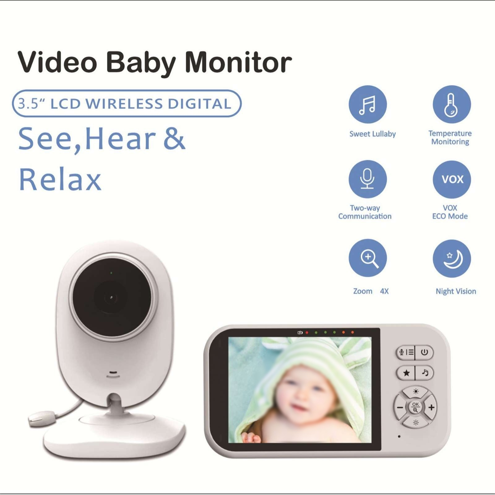Ein Babyphone-Set. Es hat eine Kamera und ein Display. Das Display zeigt ein Baby. Zu den Funktionen gehören Nachtsicht und Zoom.
