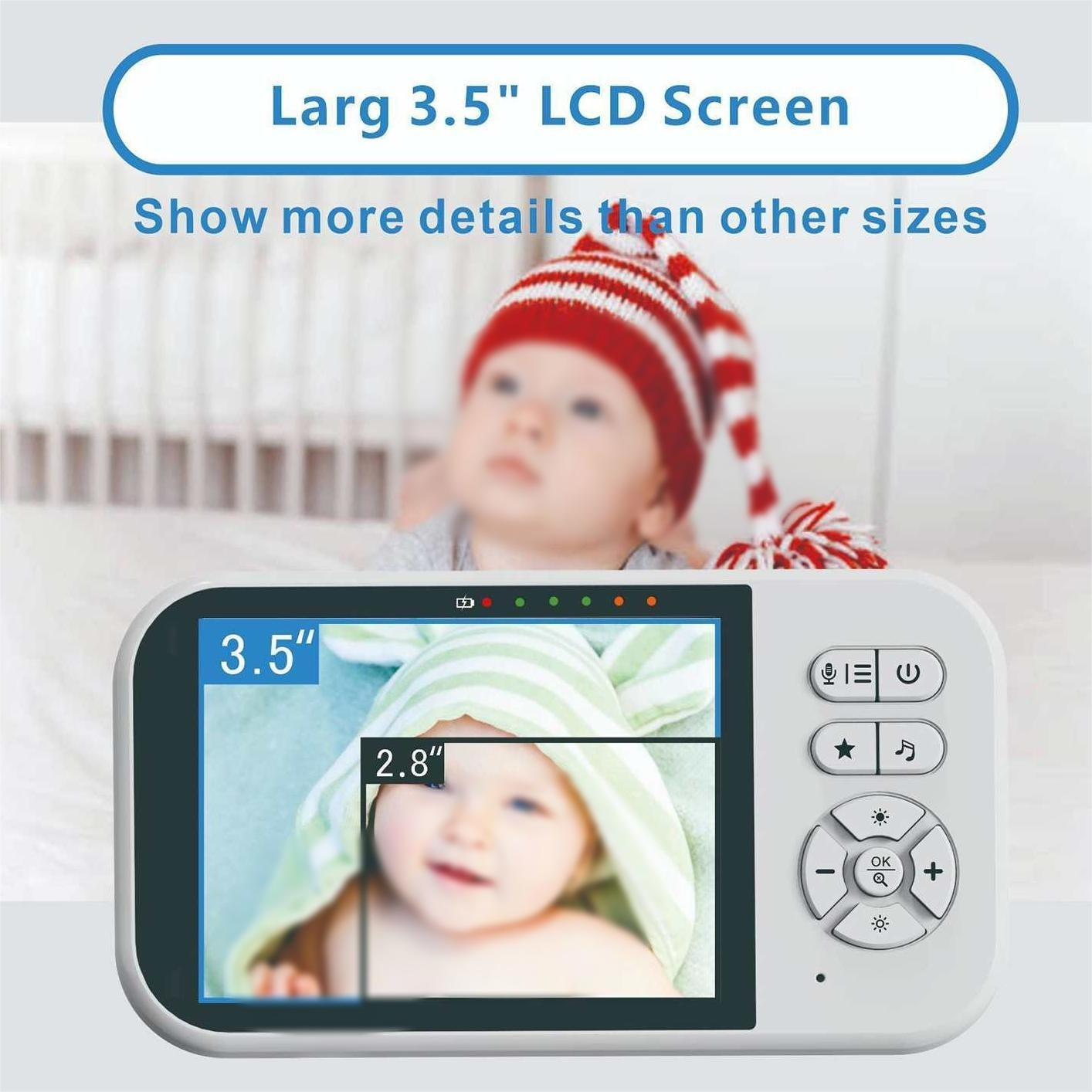 Babyphone mit Bildschirm, der ein Baby zeigt. Über dem Text steht 'Larg 3,5" LCD-Bildschirm'. Tasten und andere Details sind vorhanden.