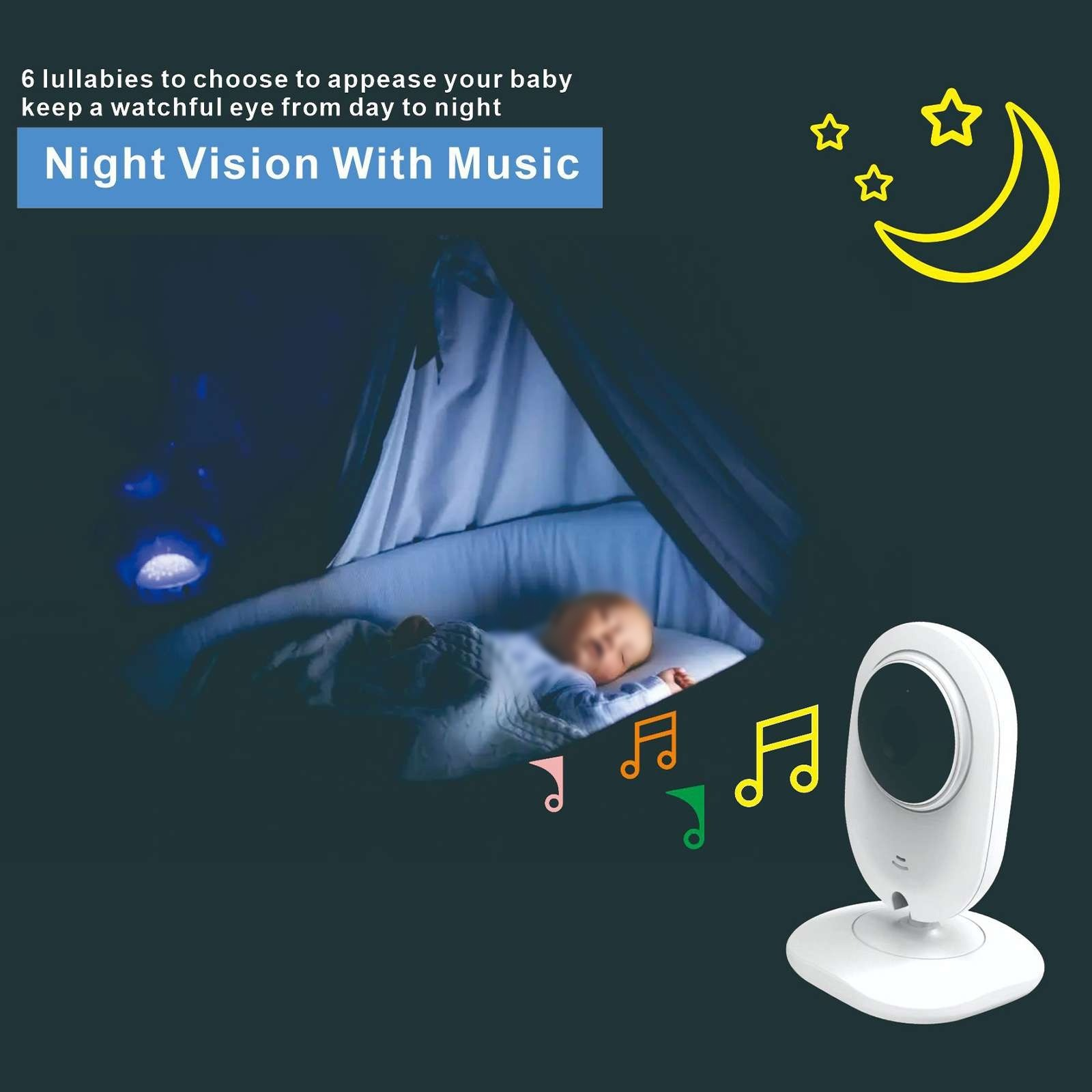 Babyphone mit schlafendem Baby im Bett. Gelber Mond und Sterne. Noten. Text: Nachtsicht mit Musik.