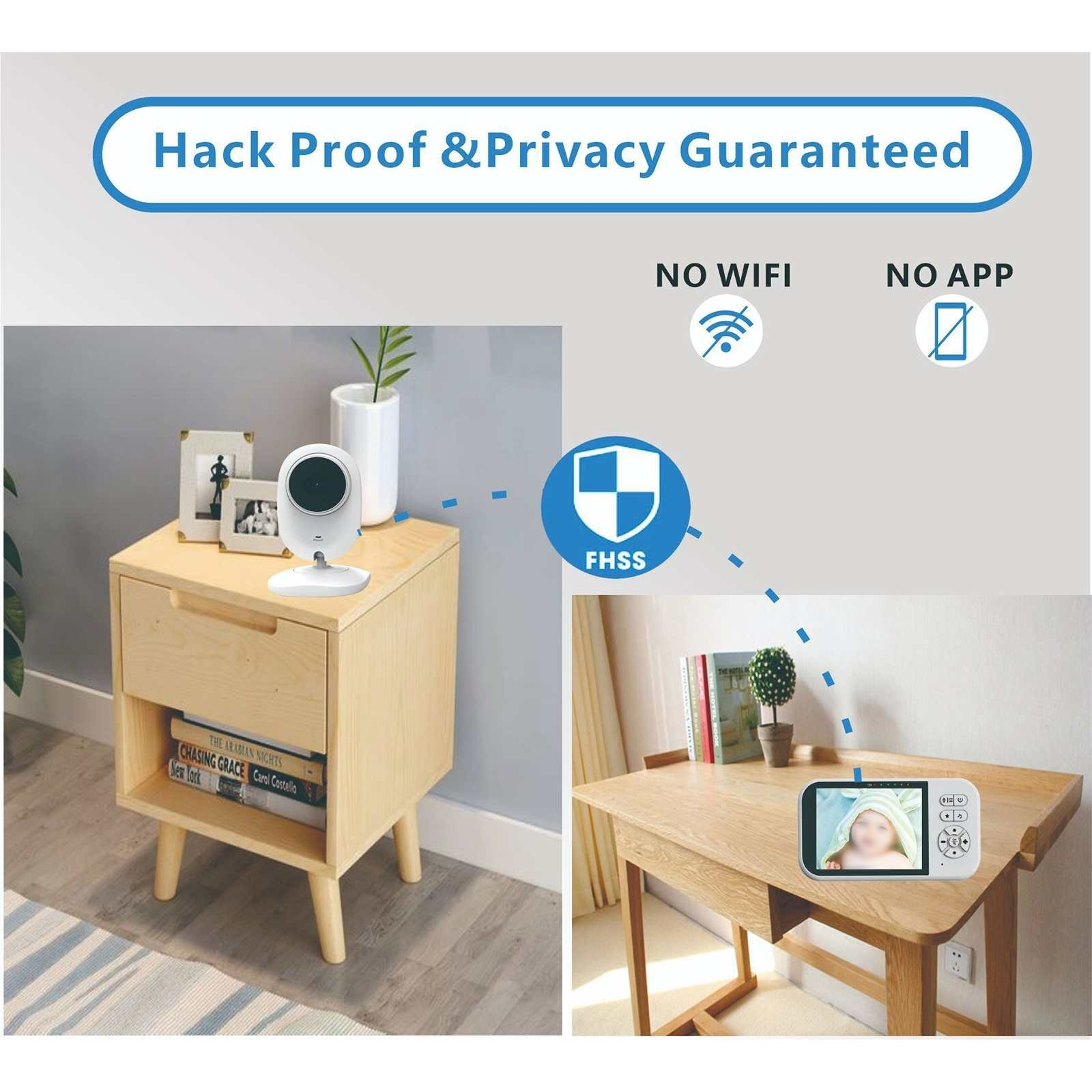 Ein Babyphone-Setup mit einer Kamera auf einem Nachttisch und einem Bildschirm auf einem Schreibtisch, beschriftet mit 'Hack Proof & Privacy Guaranteed'.