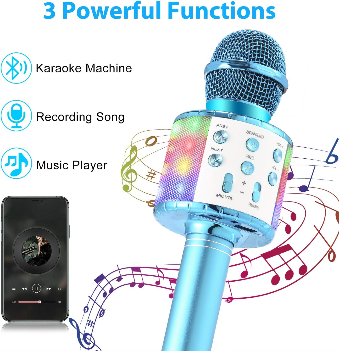 Ein blaues Karaoke-Mikrofon mit Knöpfen und ein Smartphone, das Musik abspielt. Der Text lautet '3 Powerful Functions', mit Symbolen und Text.
