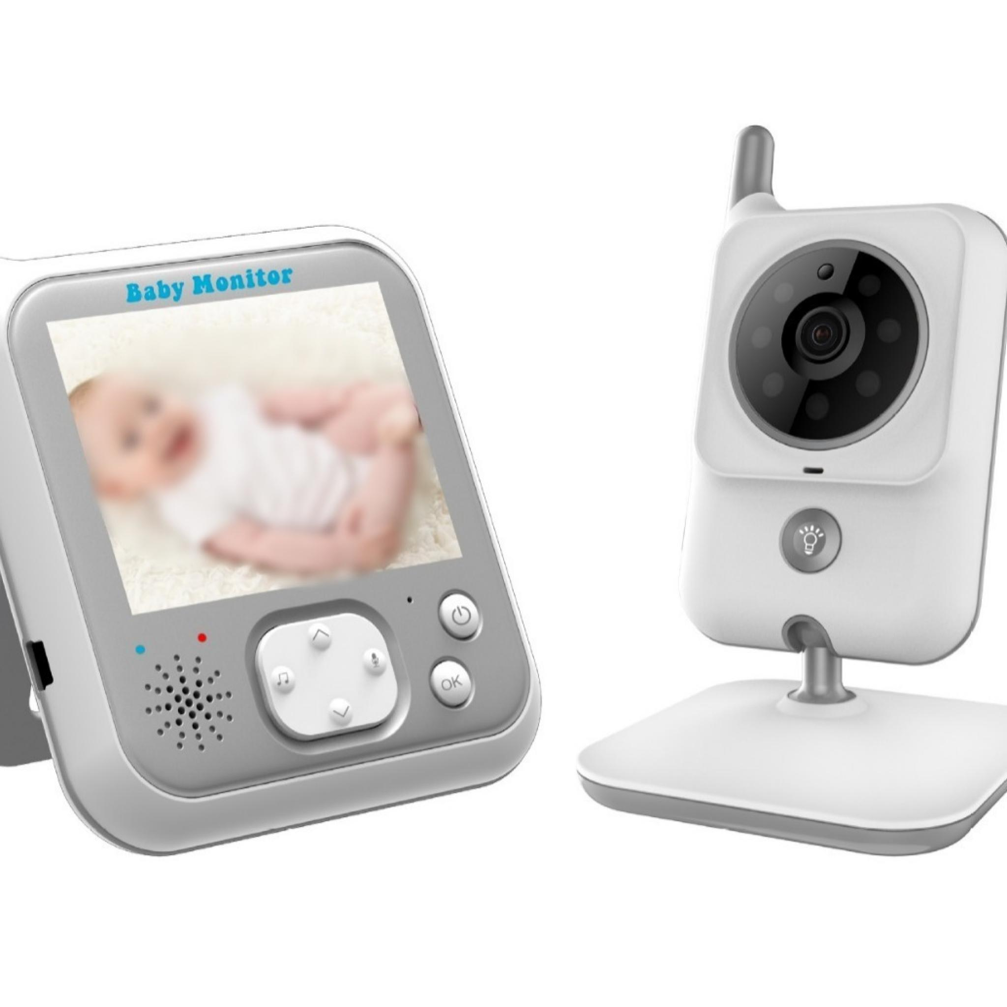 Babyphone mit Bildschirm, der ein Baby zeigt. Daneben eine Kamera. Beide sind weiß und grau.