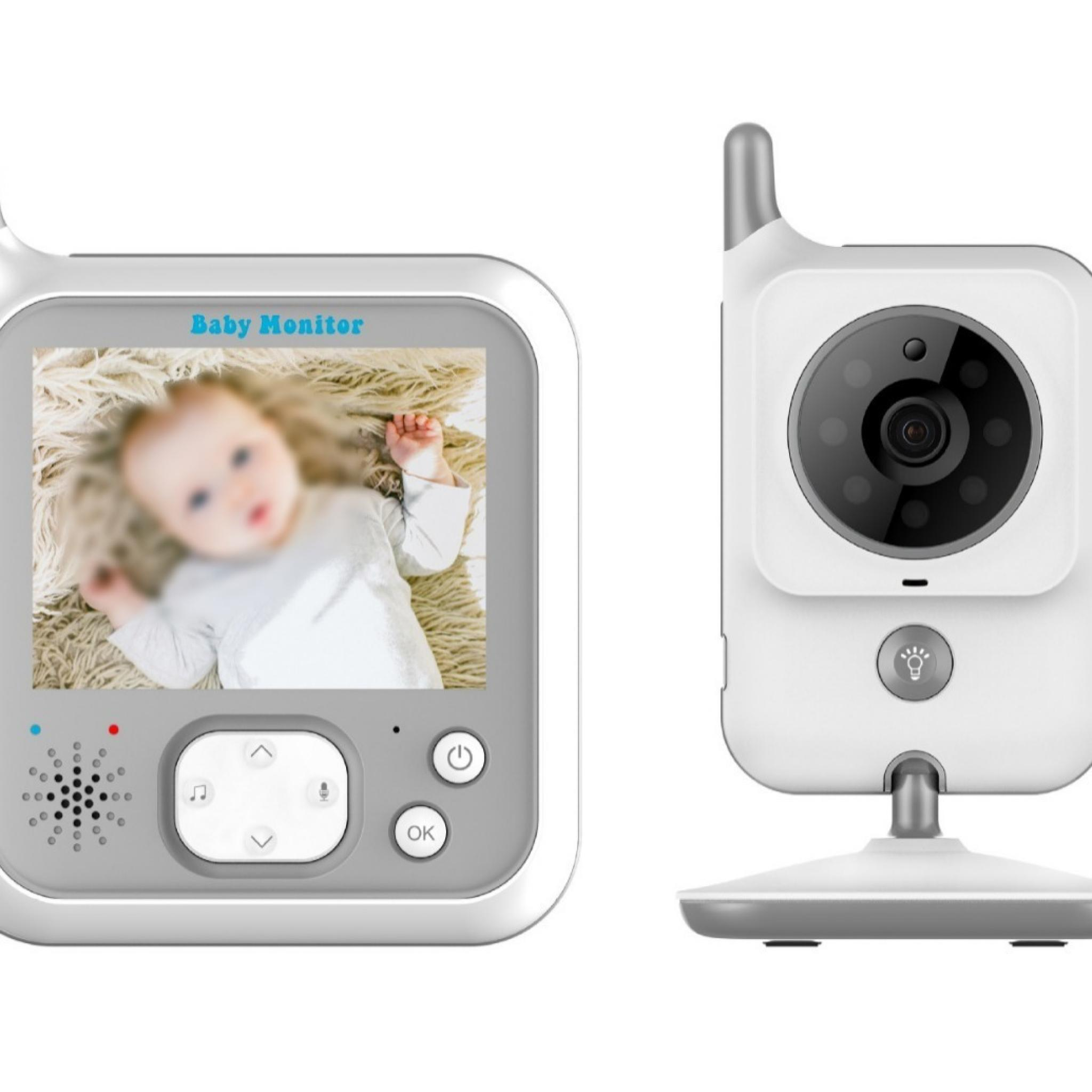 Ein Babyphone zeigt ein Baby auf dem Bildschirm. Monitor und Kamera sind weiß und grau. Die Kamera hat eine Linse und ein Licht.