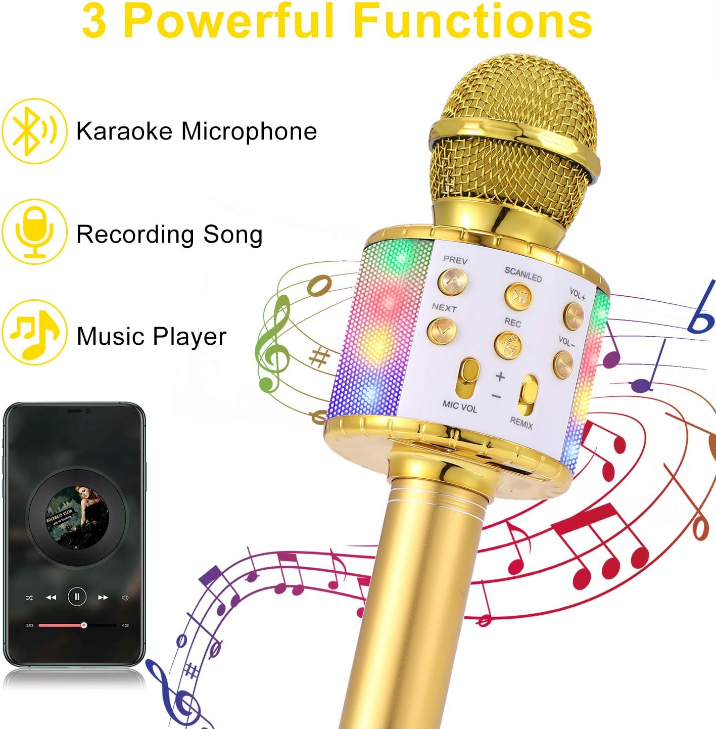 Goldenes Karaoke-Mikrofon mit Bedientasten und einem Handy, das Musik abspielt. Funktionen: Karaoke, Aufnahme, Musik-Player. Noten im Hintergrund.