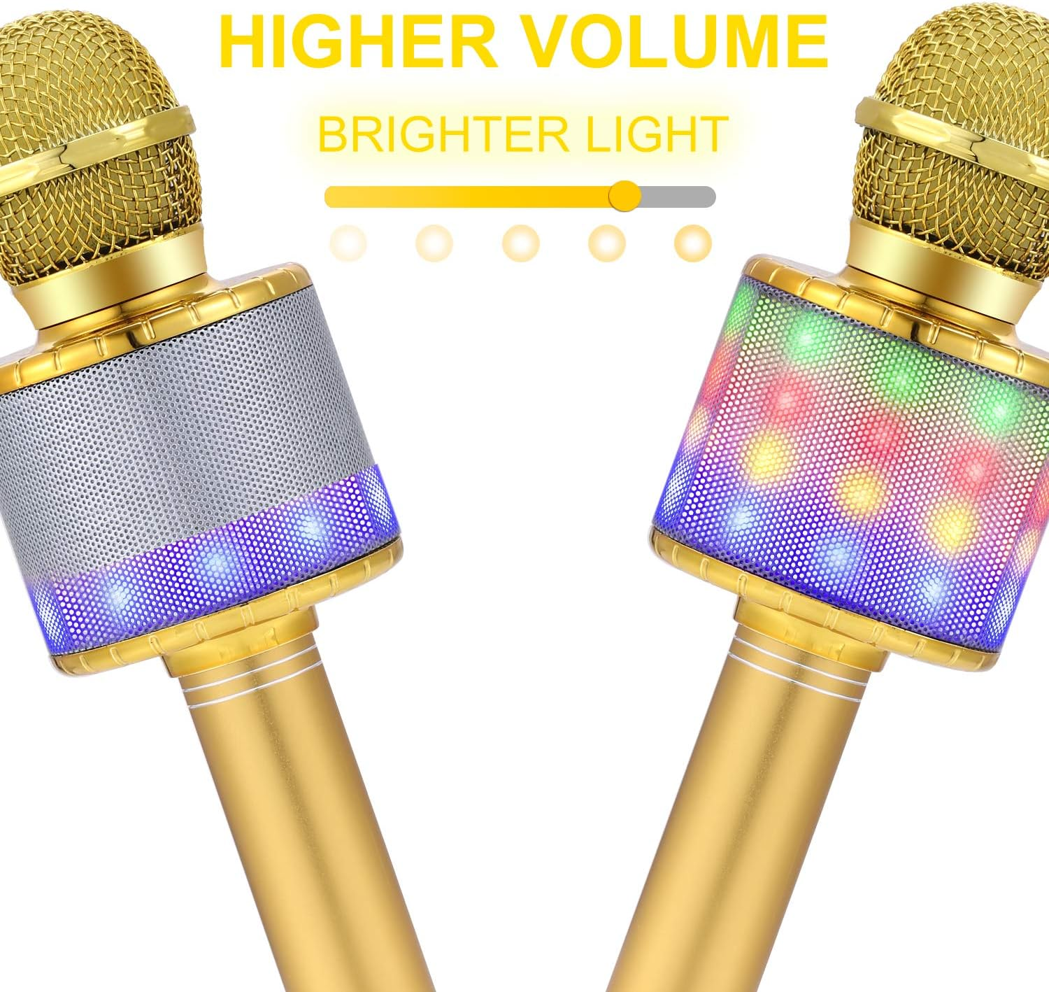 Zwei goldene Mikrofone mit dem Text "HIGHER VOLUME, BRIGHTER LIGHT". Eines hat blaue Lichter, das andere mehrfarbig.
