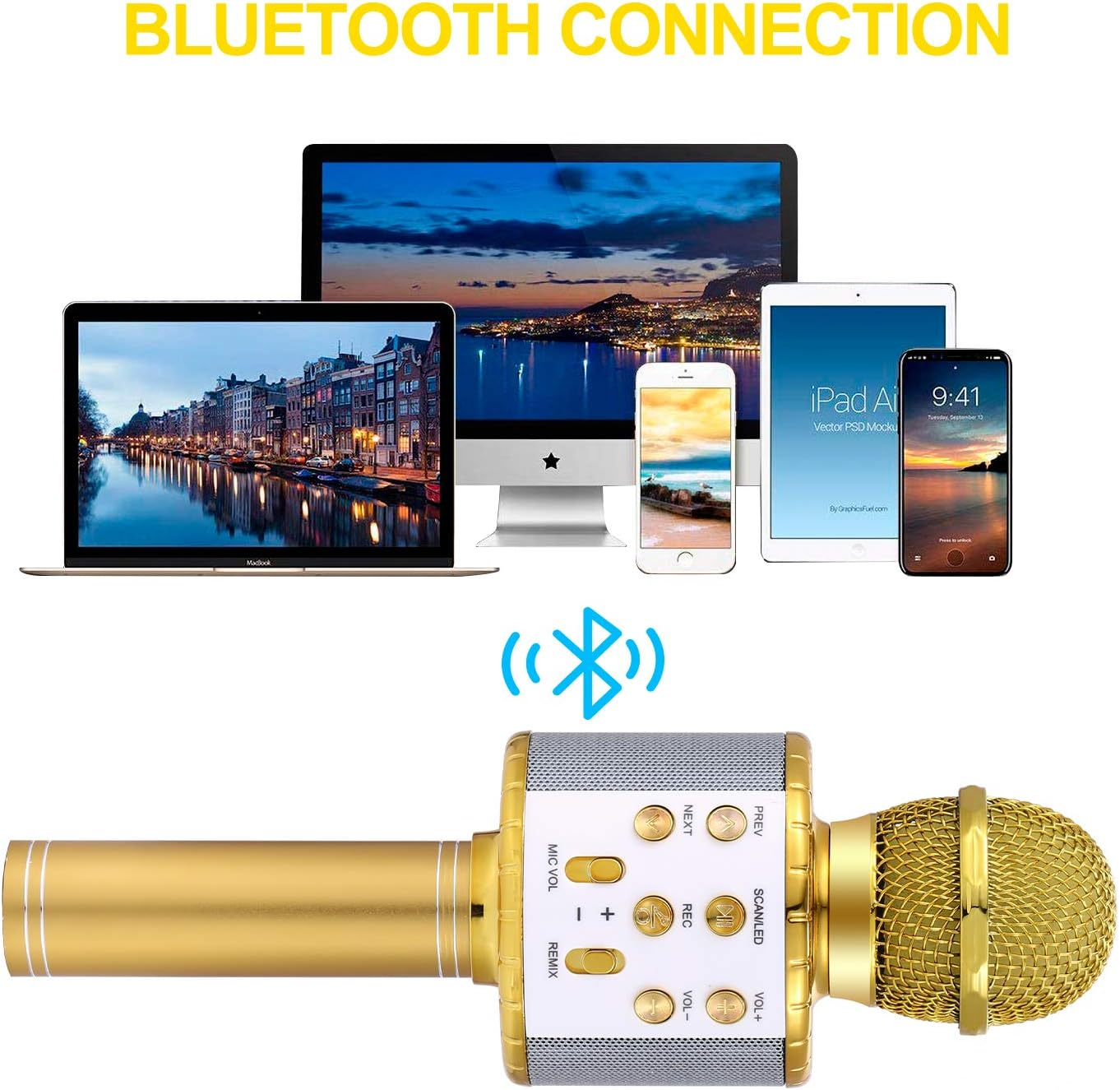 Ein goldenes Mikrofon mit Steuertasten befindet sich unter verschiedenen Bildschirmen. Ein Bluetooth-Symbol befindet sich über dem Mikrofon.