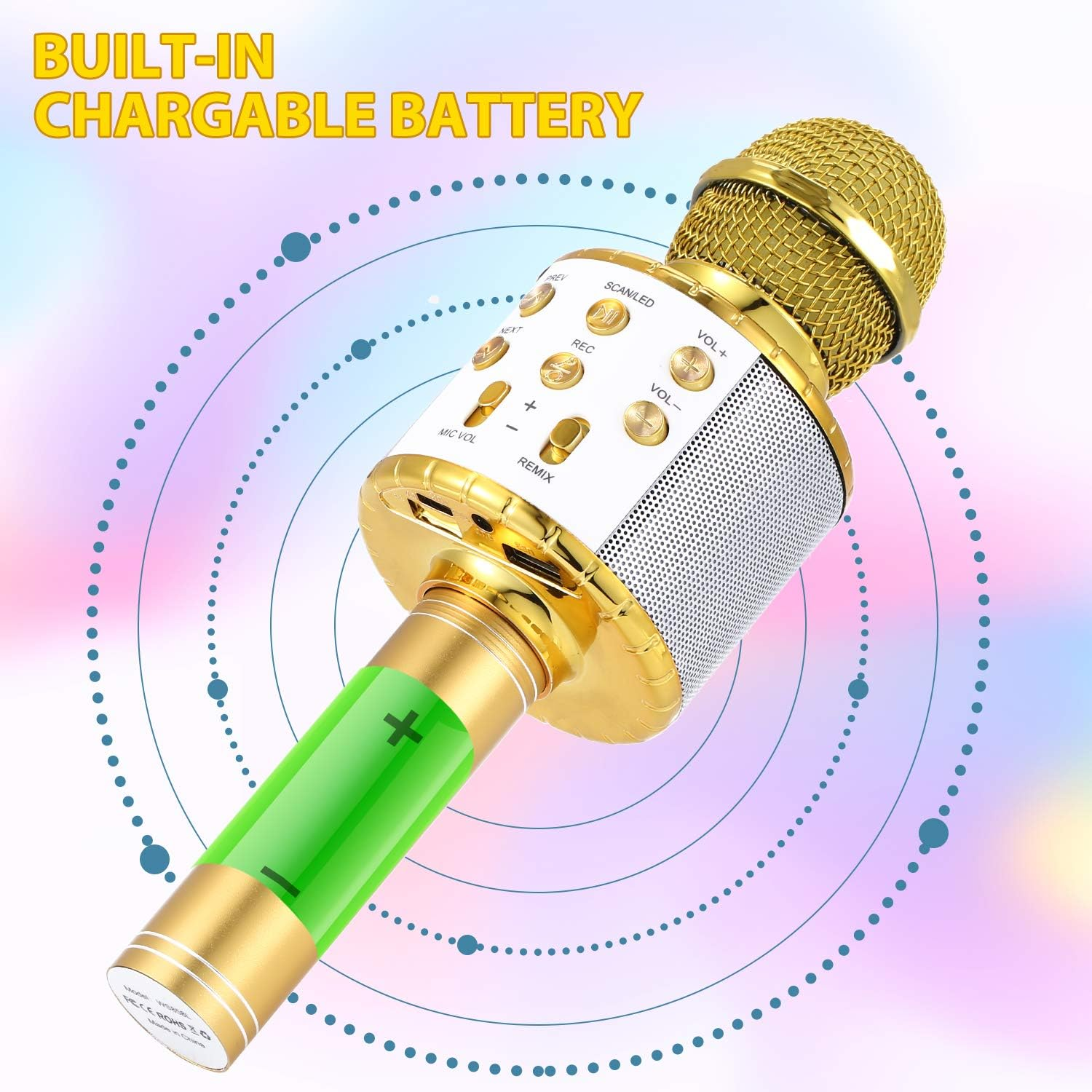 Goldenes Karaoke-Mikrofon mit eingebautem Akku. Knöpfe sind Lautstärke, Scan, Aufnahme. Grüne Akkuanzeige am Griff. Text: 'Built-in, Chargable Battery'.