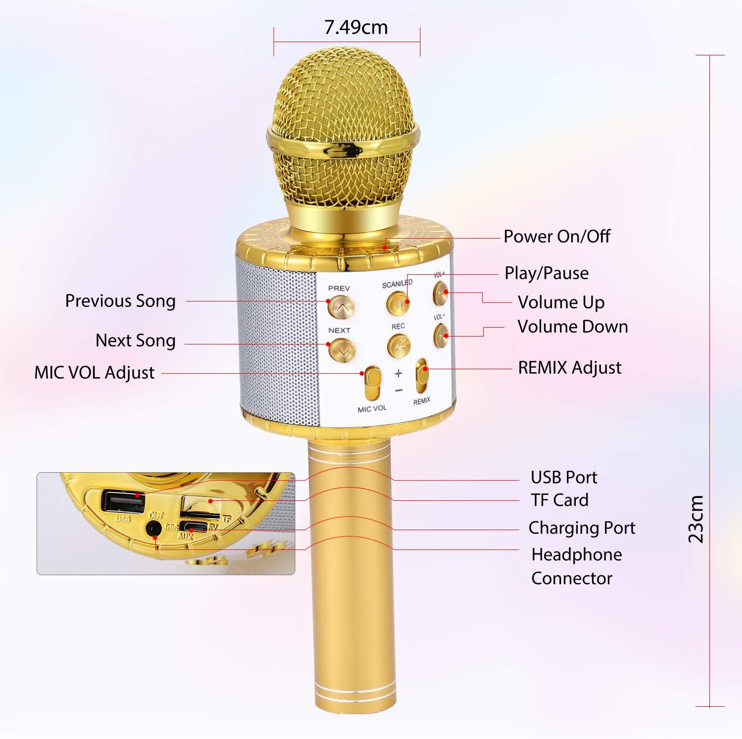 Goldenes Mikrofon mit Maschenkopf. Tasten für Ein/Aus, Lautstärke und Wiedergabe. Anschlüsse für USB, TF-Karte, Aufladen und Kopfhörer sichtbar.