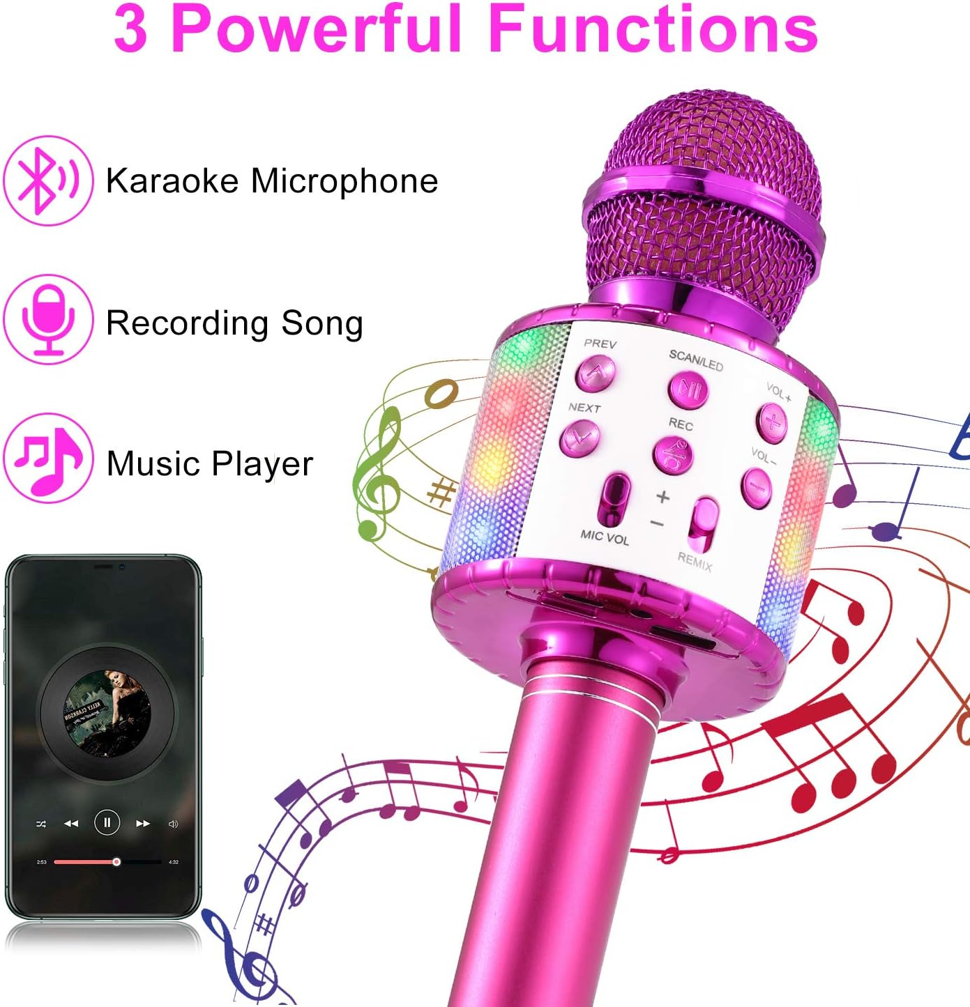 Ein pinkfarbenes Karaoke-Mikrofon mit Knöpfen, ein Telefon, das Musik abspielt, und Noten. Das Bild hebt drei Funktionen hervor.