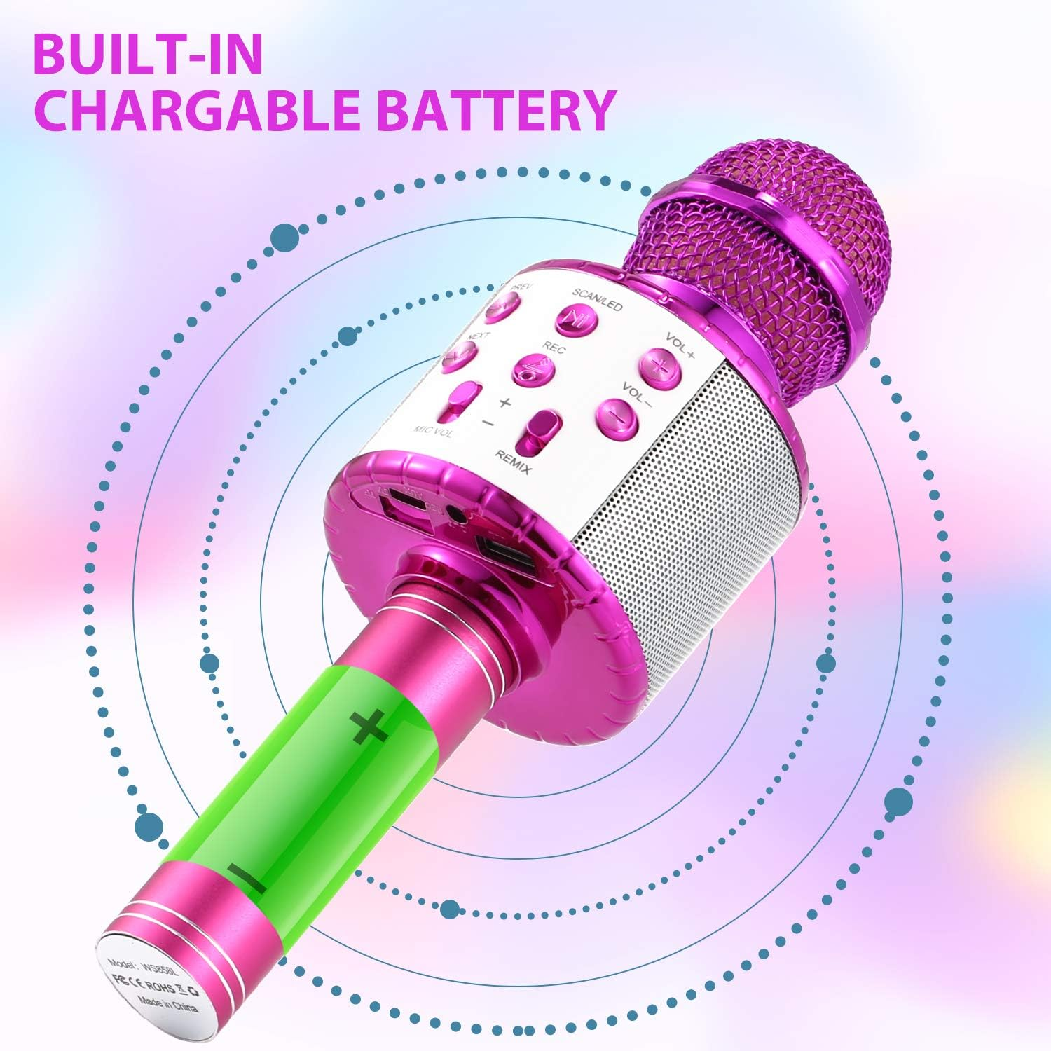 Ein pinkfarbenes und silbernes Karaoke-Mikrofon mit Knöpfen, einer grünen Batterie-Grafik und dem Text "BUILT-IN CHARGABLE BATTERY".