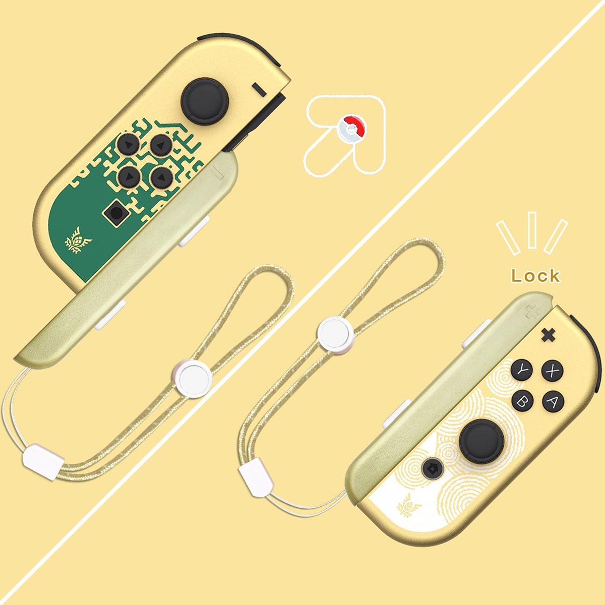 Zwei goldene Nintendo Switch Joy-Cons mit passendem Riemen. Einer hat ein Leiterplattendesign, der andere Knöpfe. Ein gelber Hintergrund.