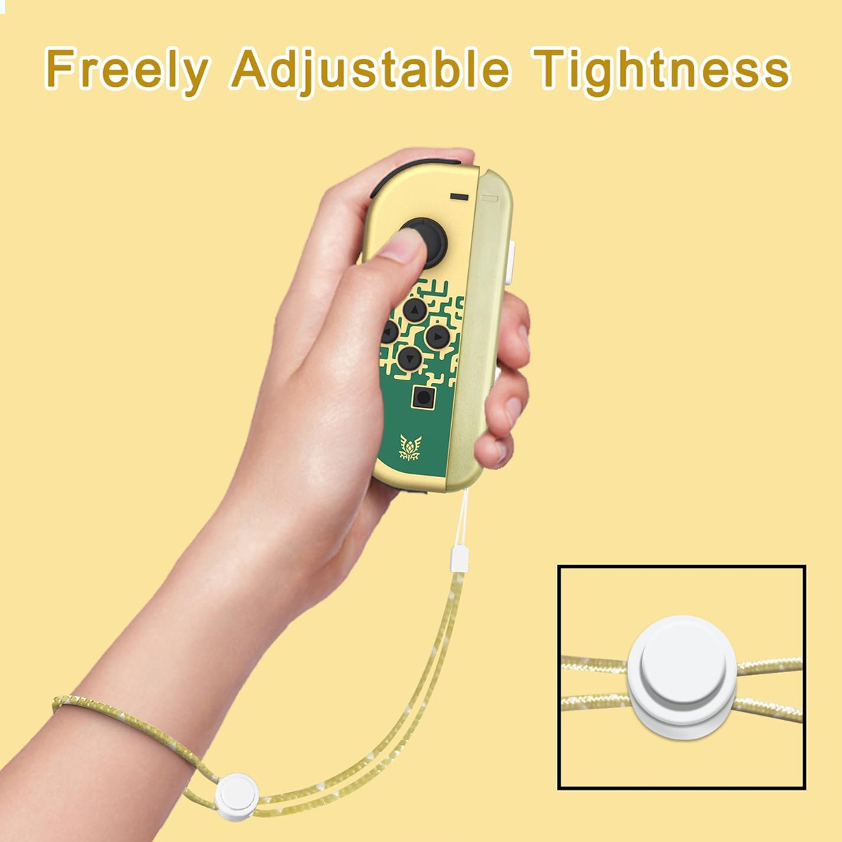 Eine Hand hält einen gelb-grünen Gamecontroller. Ein Handgelenkband ist befestigt. Der Text oben lautet: 'Freely Adjustable Tightness'.