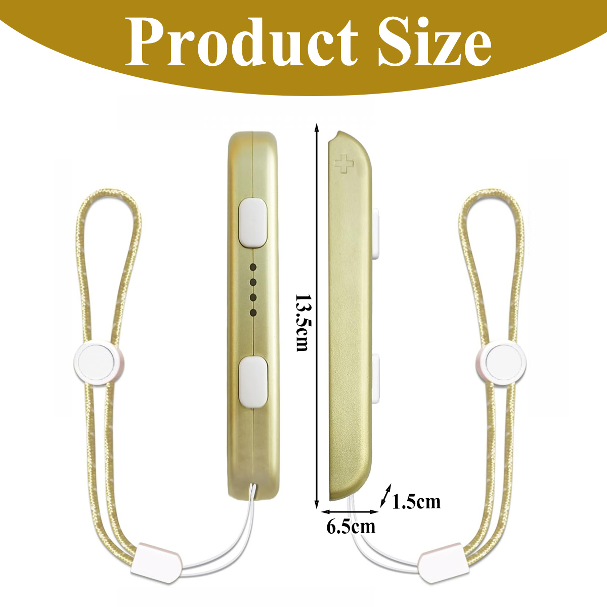Zwei goldene Gamecontroller-Zubehörteile mit Abmessungen. Beige Handgelenkschlaufen befestigt. Weißer Hintergrund mit "Produktgröße" Text.