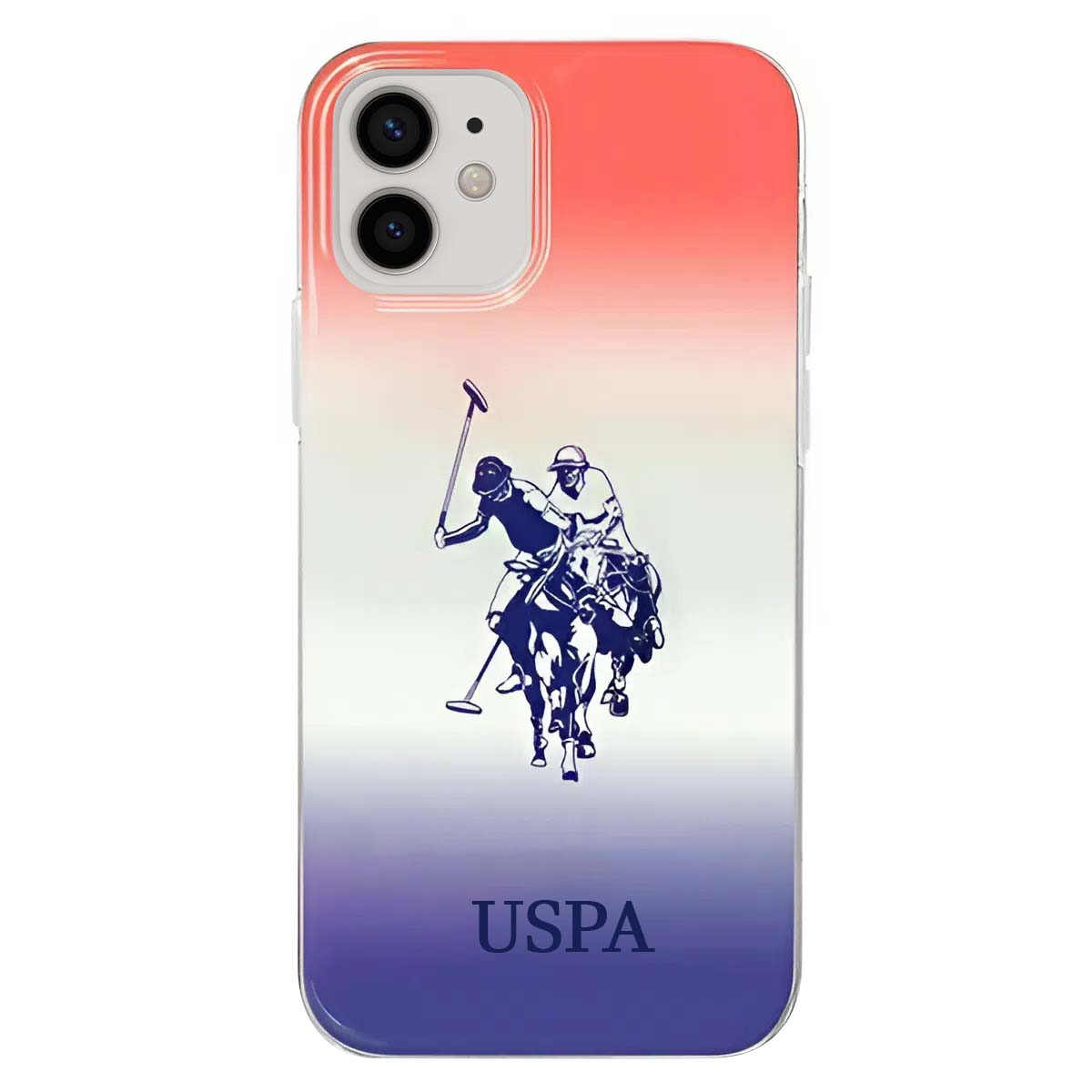 Custodia per iPhone con scena di polo e logo USPA. Sfondo sfumato dal rosso al viola.