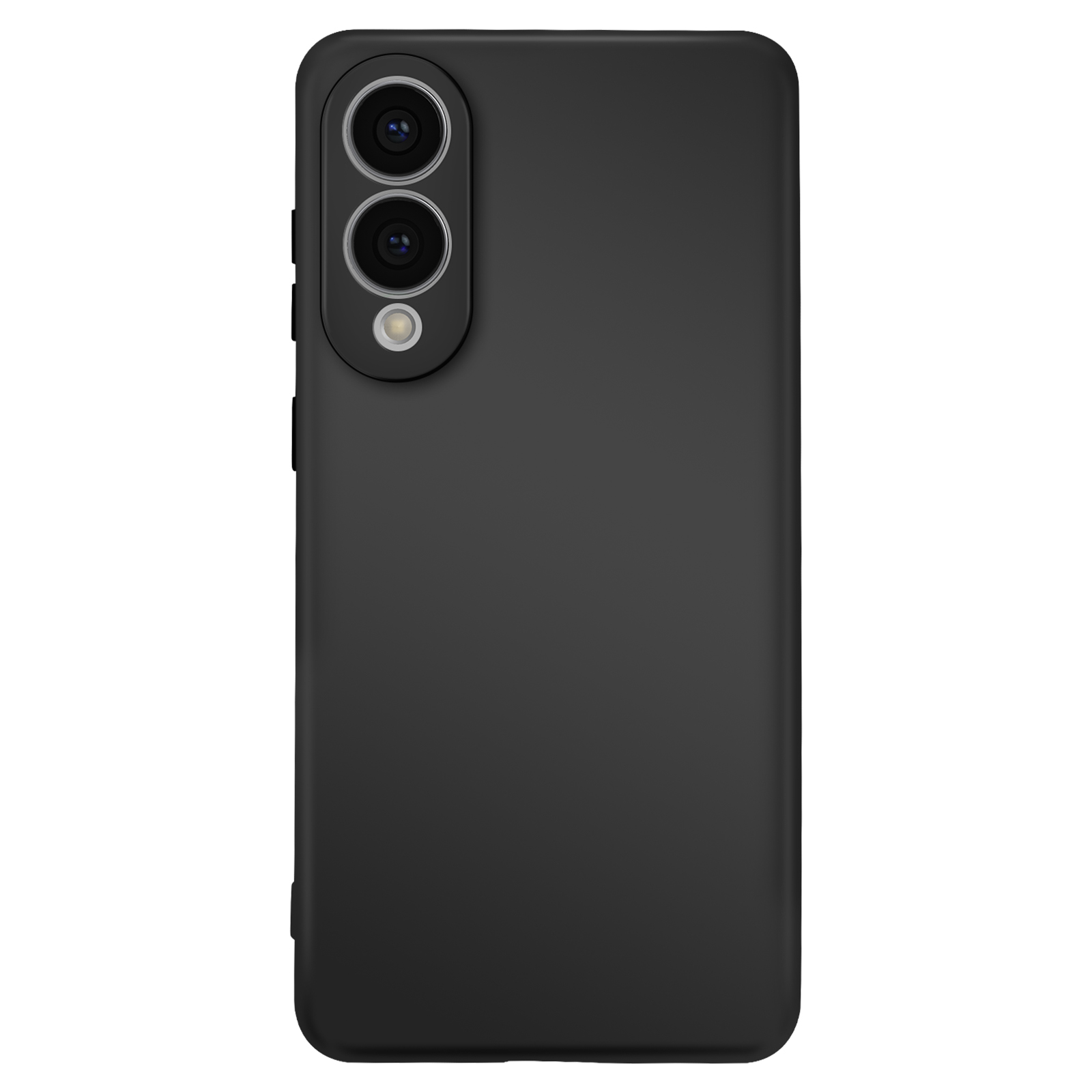 Un smartphone noir. Il possède un module caméra avec trois lentilles et un flash. L'arrière est lisse et mat.