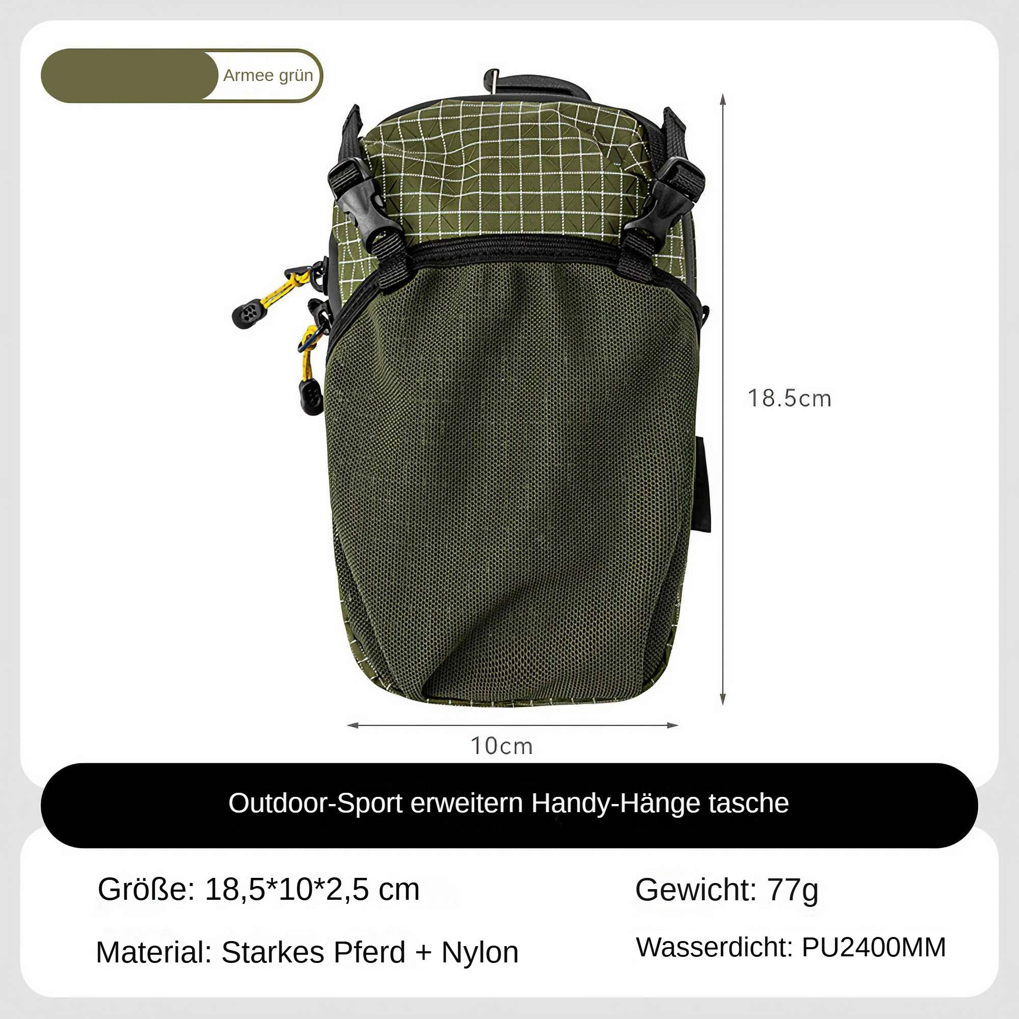Eine olivgrüne Outdoor-Sporttasche mit Abmessungen und wasserdichten Details, die unten angezeigt werden.