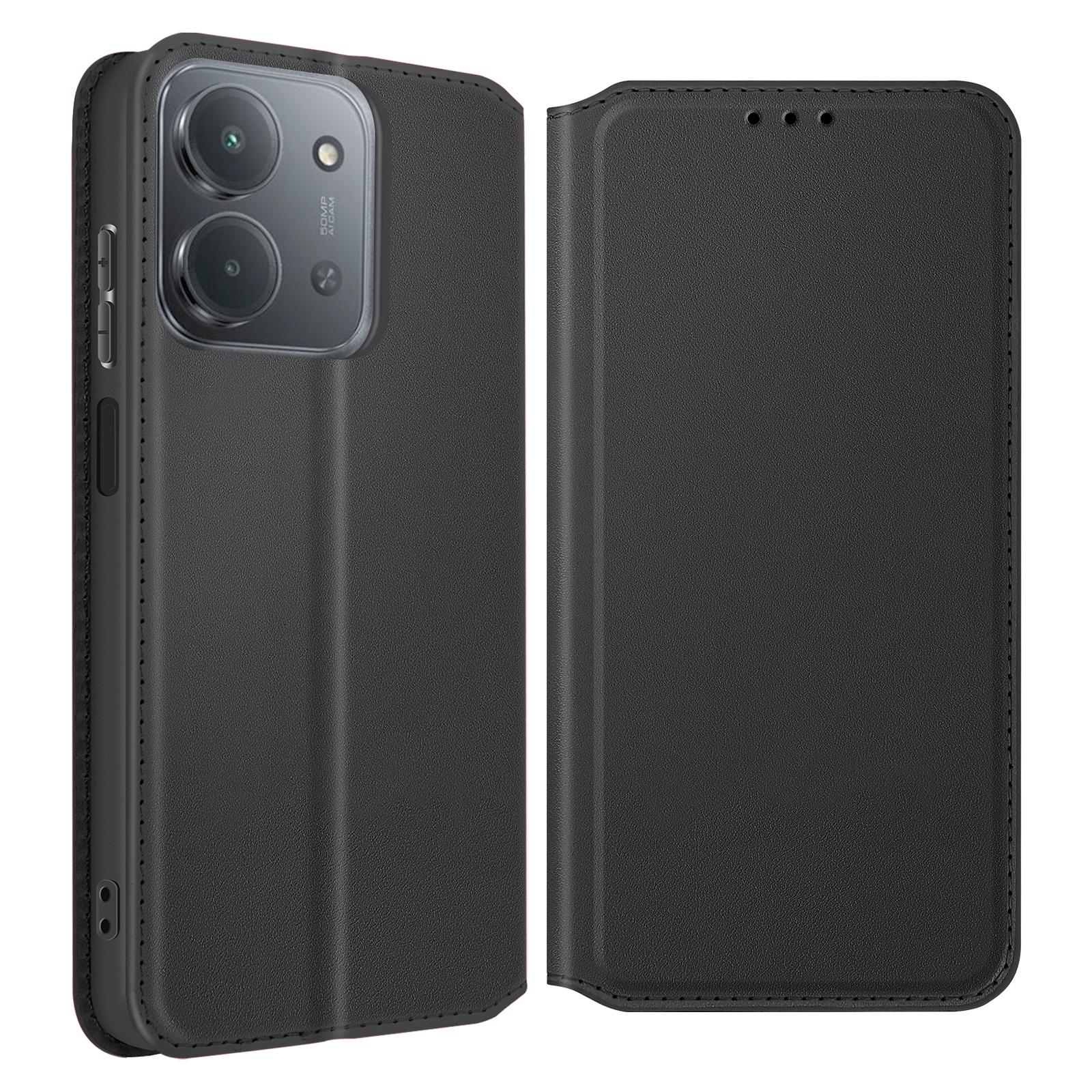 Custodia nera per telefono, aperta. Mostra la fotocamera del telefono. La custodia ha una finitura strutturata e cuciture.
