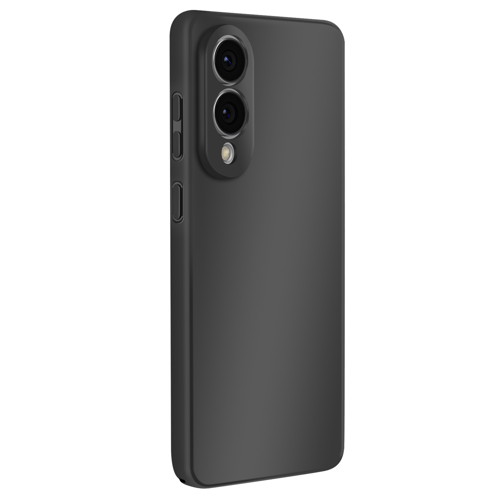 Une coque de téléphone noire avec trois objectifs de caméra à l'arrière. Elle a des boutons latéraux et un fond blanc.