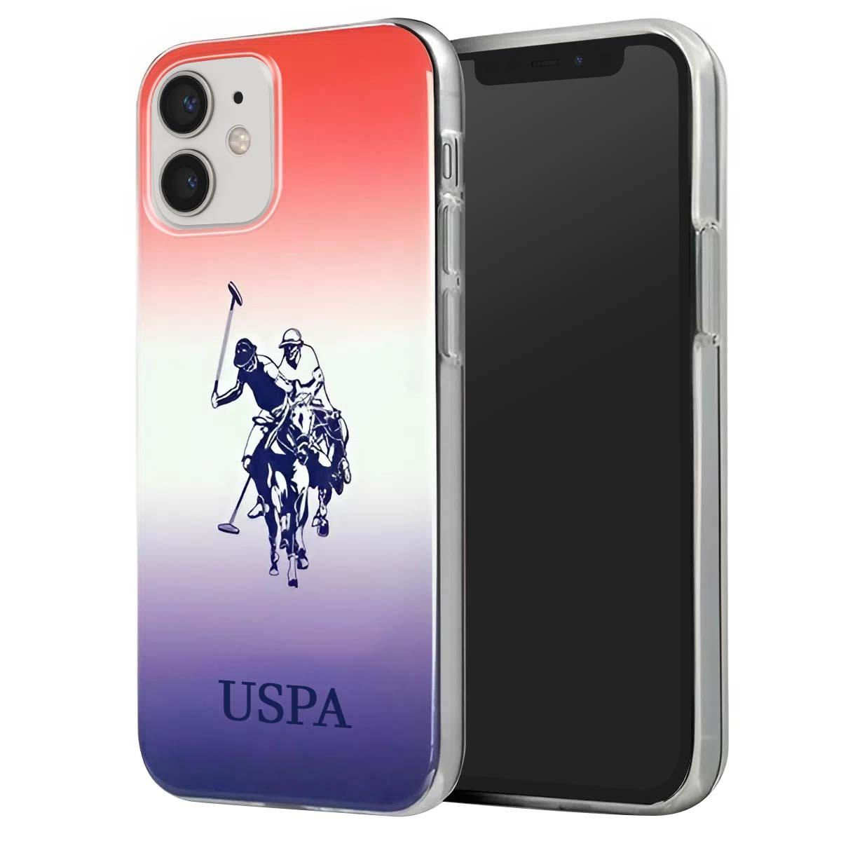Custodia per telefono con logo giocatore di polo. Sfondo sfumato: rosso, bianco e viola. Logo USPA in basso. Telefono visibile a destra.