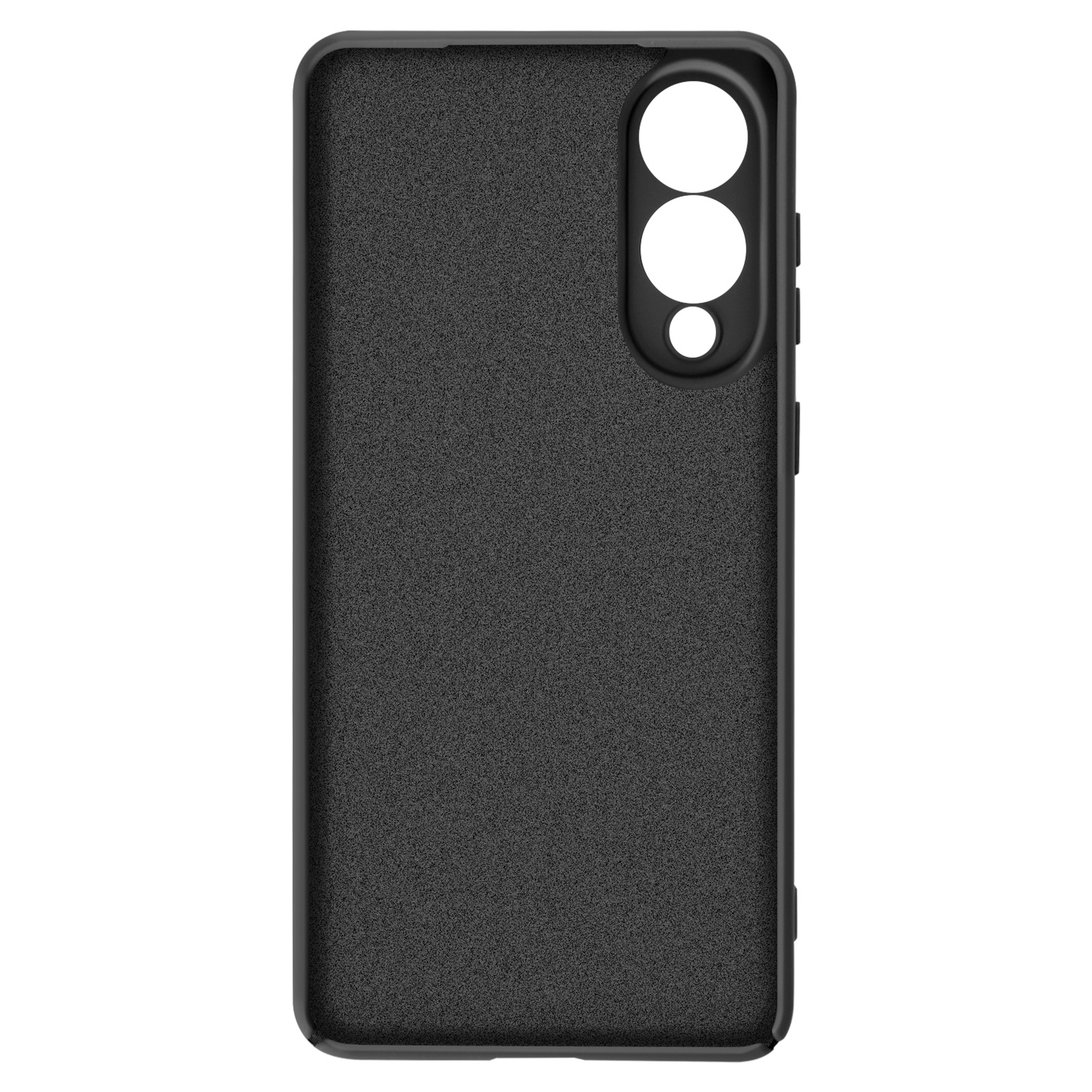 Coque de téléphone noire avec découpes pour caméra. La coque est texturée et couvre tout le téléphone. Elle est sur fond blanc.