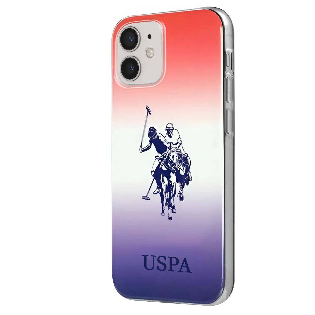 Custodia per telefono con sfumatura da rosso a blu. Ha un logo di giocatore di polo e il logo USPA.