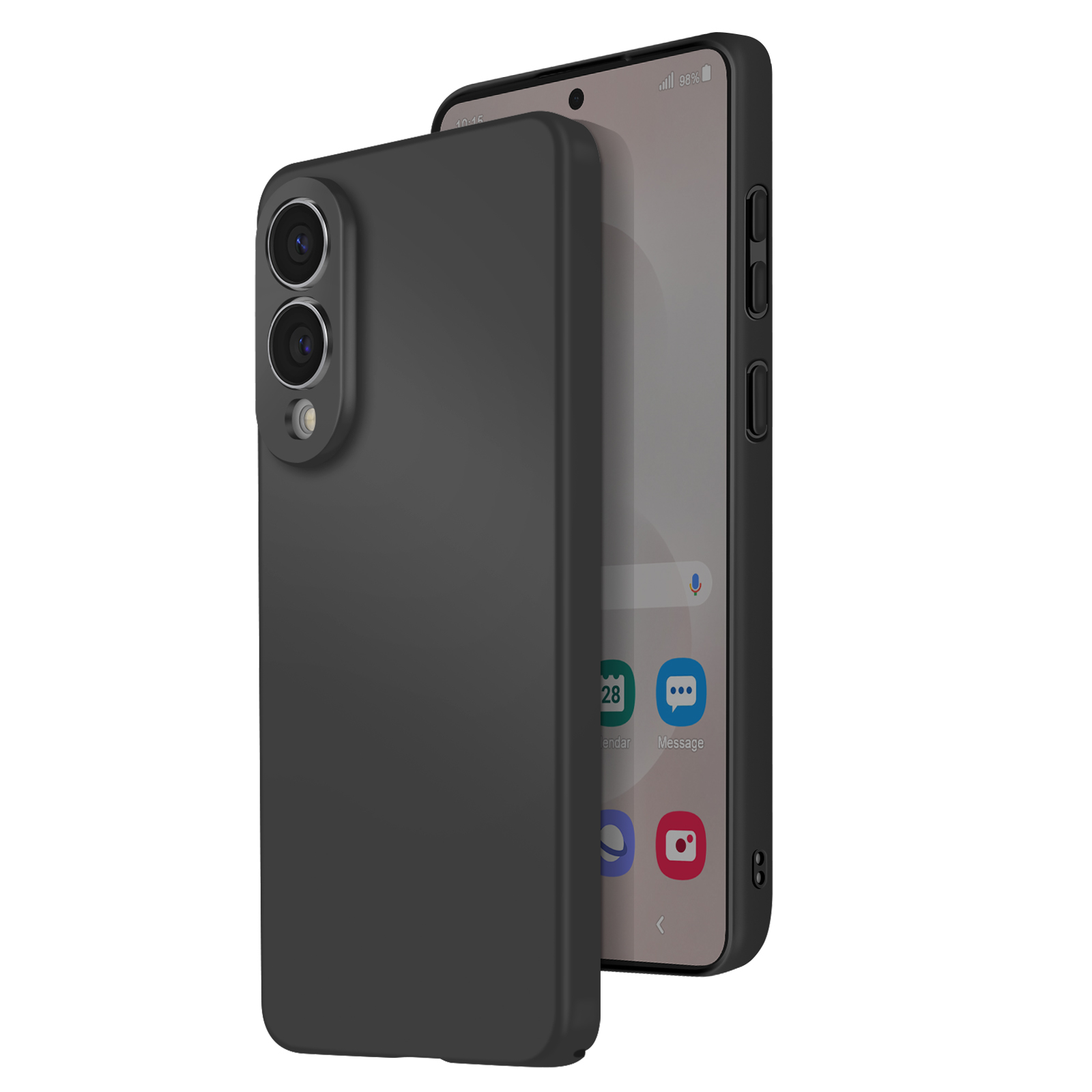 Un téléphone noir dans un étui noir. Le téléphone est partiellement visible, montrant l'écran et la caméra.