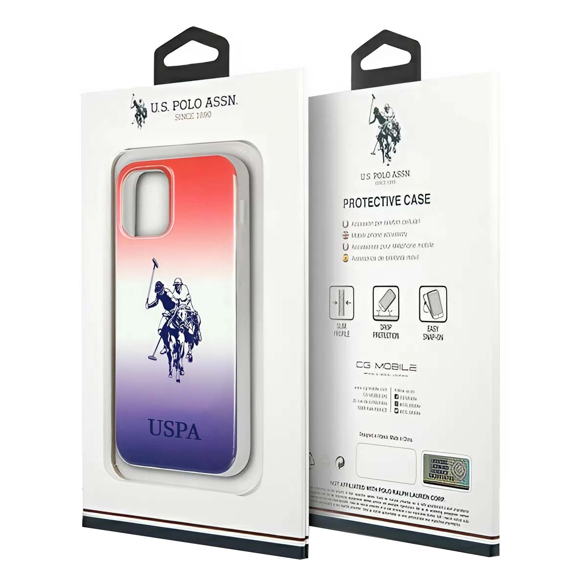 Una scatola per custodia del telefono con una custodia all'interno. La custodia è sfumata dal rosso al viola, con il logo del giocatore di polo. La scatola è bianca.