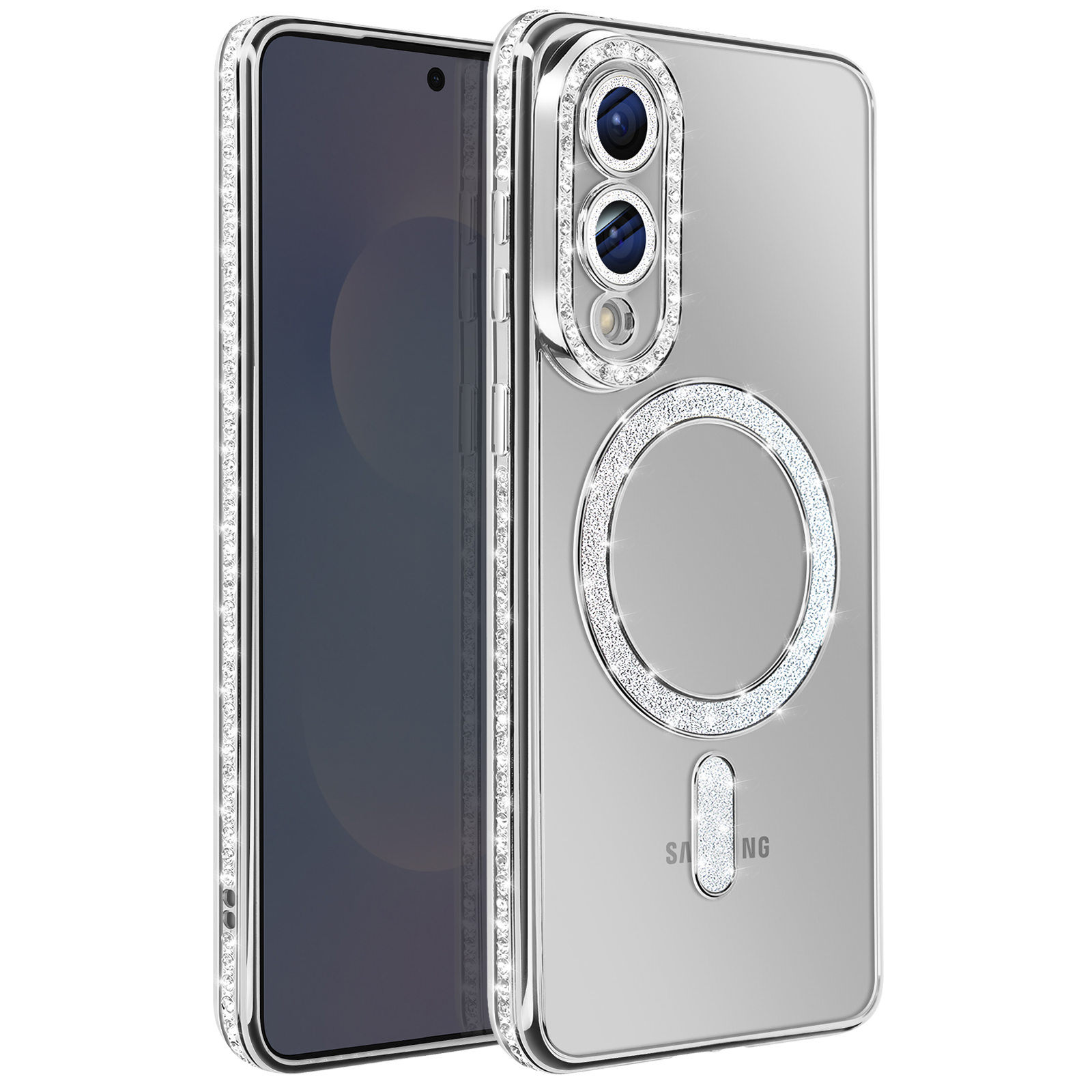 Custodia trasparente per telefono con strass. Presenta un telefono e una custodia con un anello e il contorno della fotocamera, entrambi con strass.