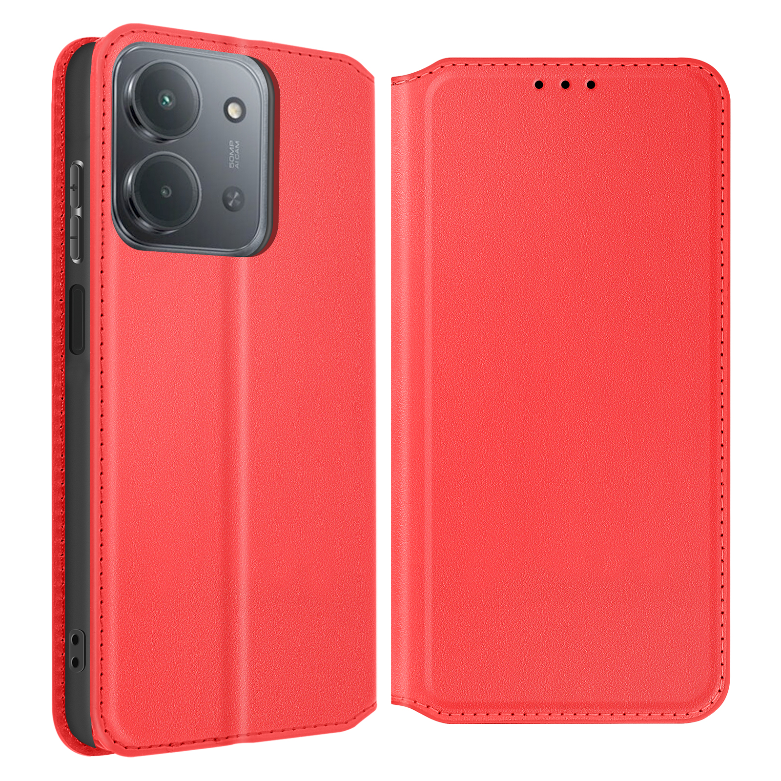 Custodia rossa per telefono, aperta per rivelare un telefono. La custodia ha un ritaglio per la fotocamera e dettagli di cucitura. Il telefono è nero.