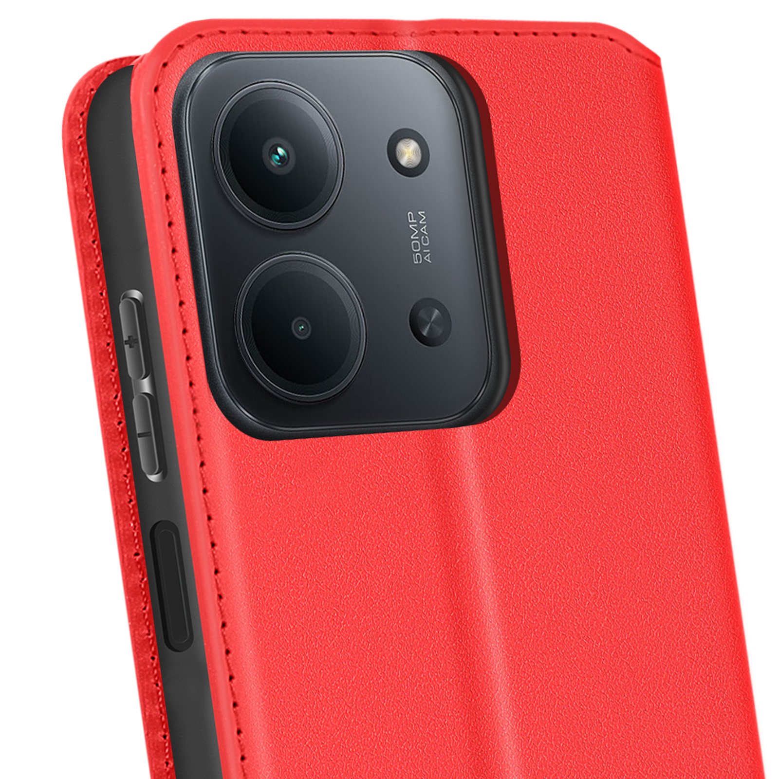 Primo piano di una custodia rossa per telefono con lenti nere. Pulsanti laterali visibili. La trama in pelle è prominente. Scritto 50MP AI CAM.