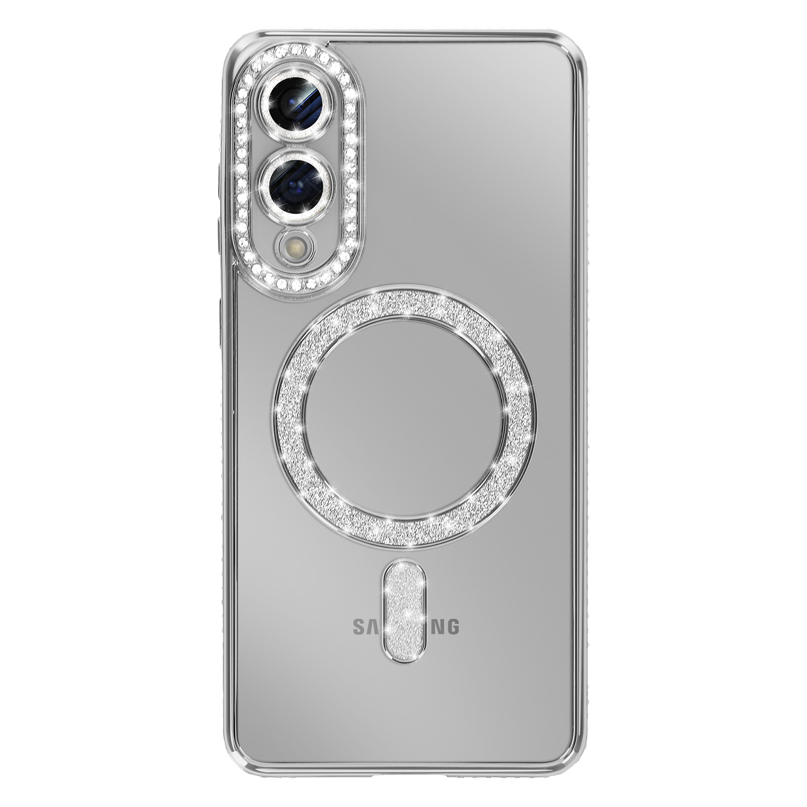 Una custodia trasparente per telefono con strass attorno alla fotocamera e un design circolare. Il logo Samsung è visibile.