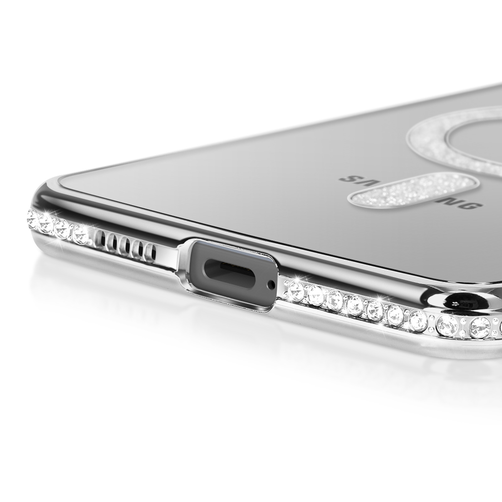 Primo piano di una custodia trasparente per telefono con strass, vista angolata. La custodia incornicia un telefono Samsung.