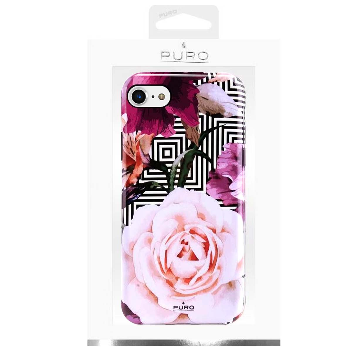 Handyhülle in Verpackung. Sie hat ein Blumendesign mit einer großen Rose und geometrischen schwarz-weißen Formen.