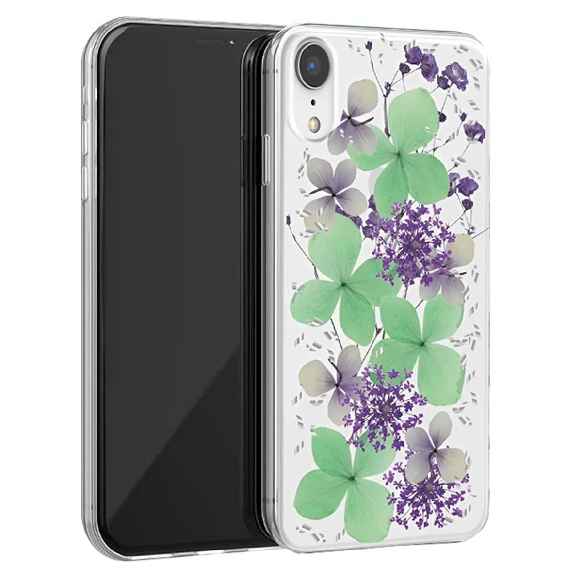 Uno smartphone con una custodia floreale con fiori verdi e viola. Lo schermo del telefono è nero.