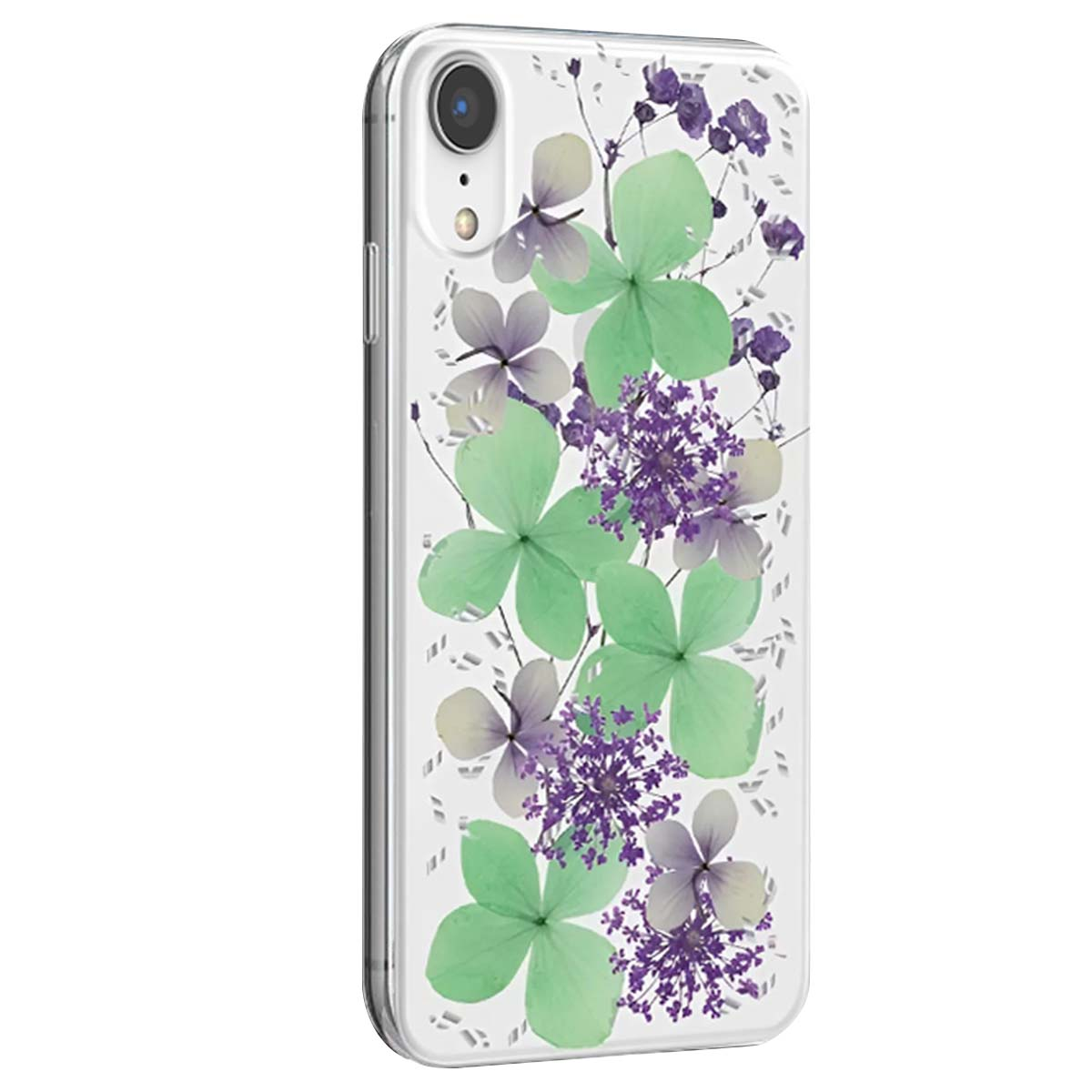 Custodia trasparente per telefono con fiori verdi, viola e bianchi. Il telefono ha una fotocamera e dei pulsanti. I fiori sono disposti verticalmente.