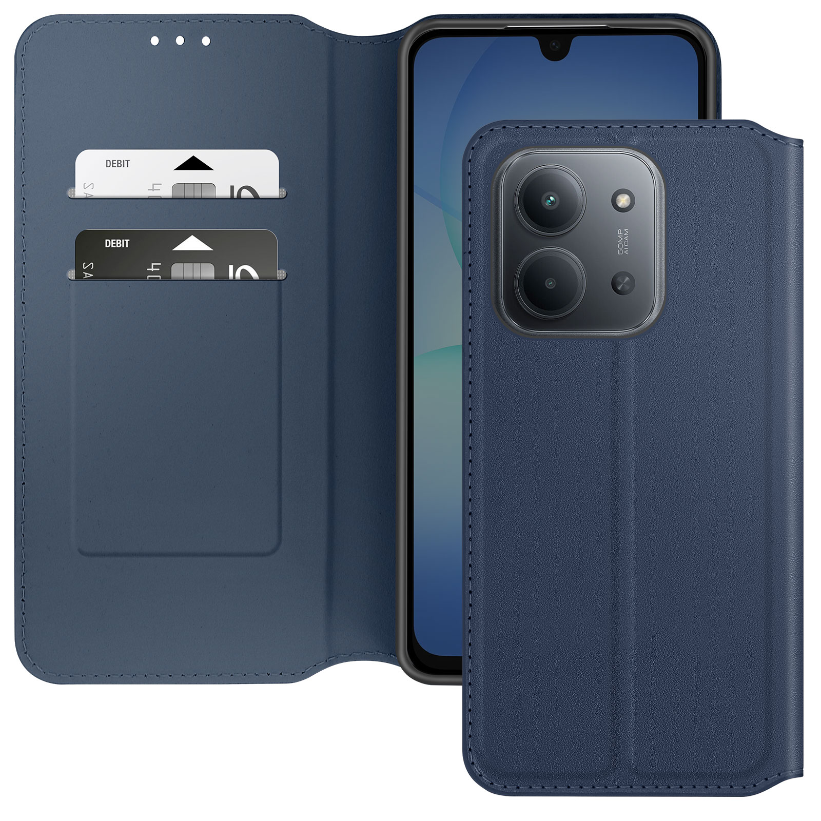 Una custodia blu per telefono, aperta per rivelare un telefono e slot per schede con carte di debito. Il telefono ha una fotocamera.