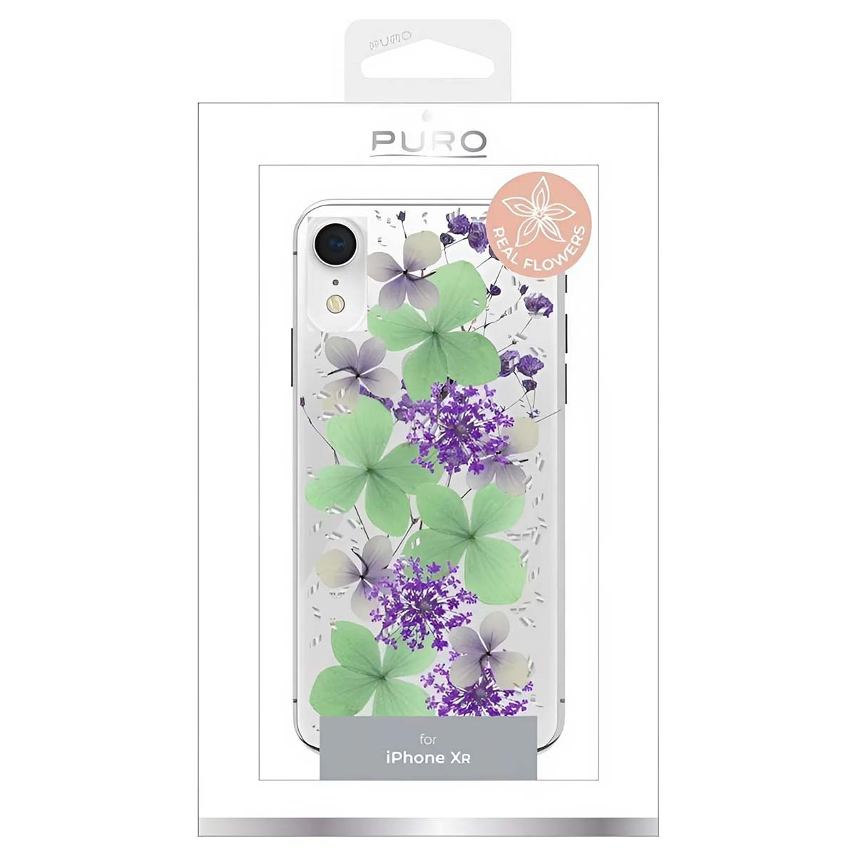 Custodia trasparente per telefono con fiori veri. Fiori verdi e viola sulla custodia, per iPhone XR.
