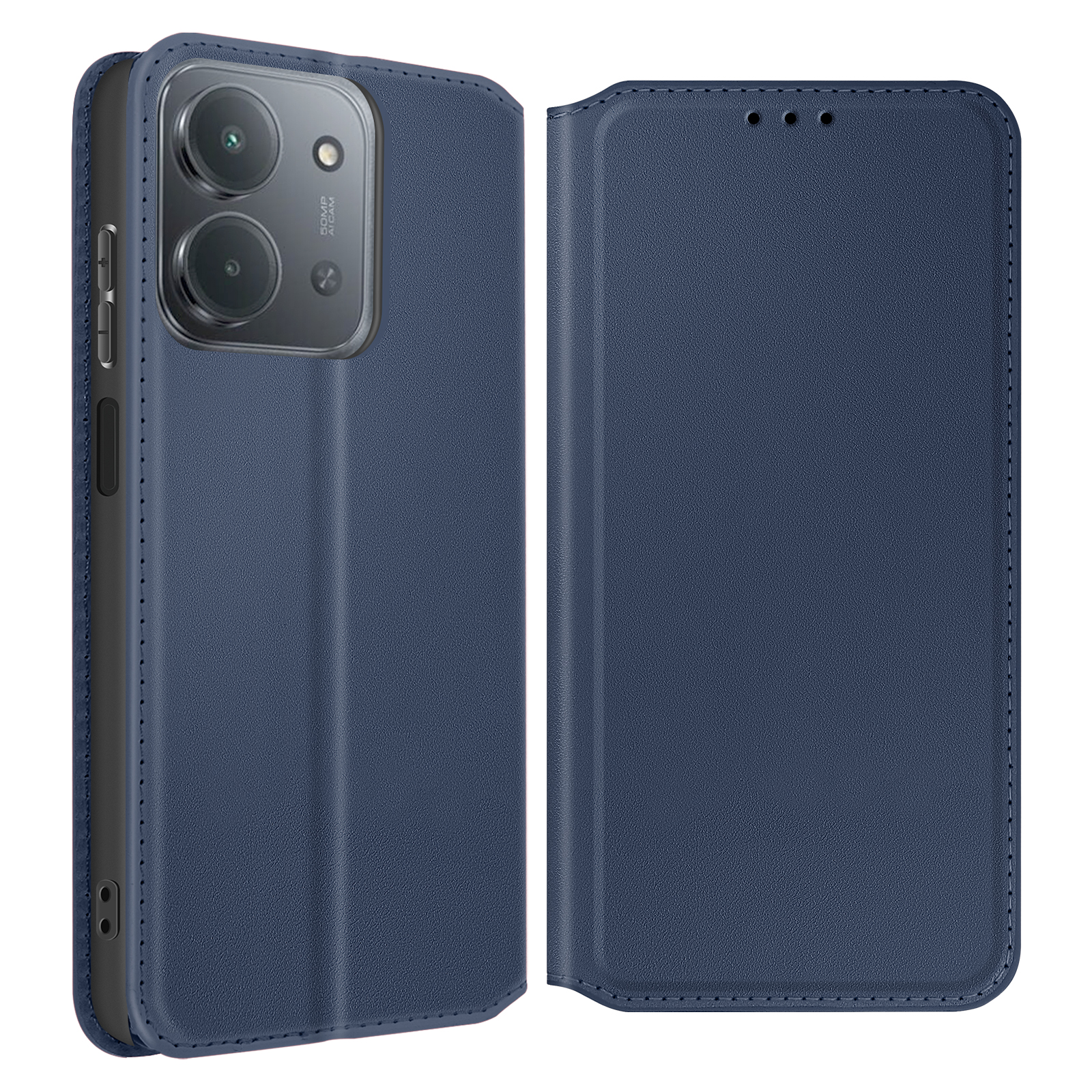Una custodia blu per telefono, aperta, che mostra la fotocamera del telefono. La custodia ha una superficie strutturata.