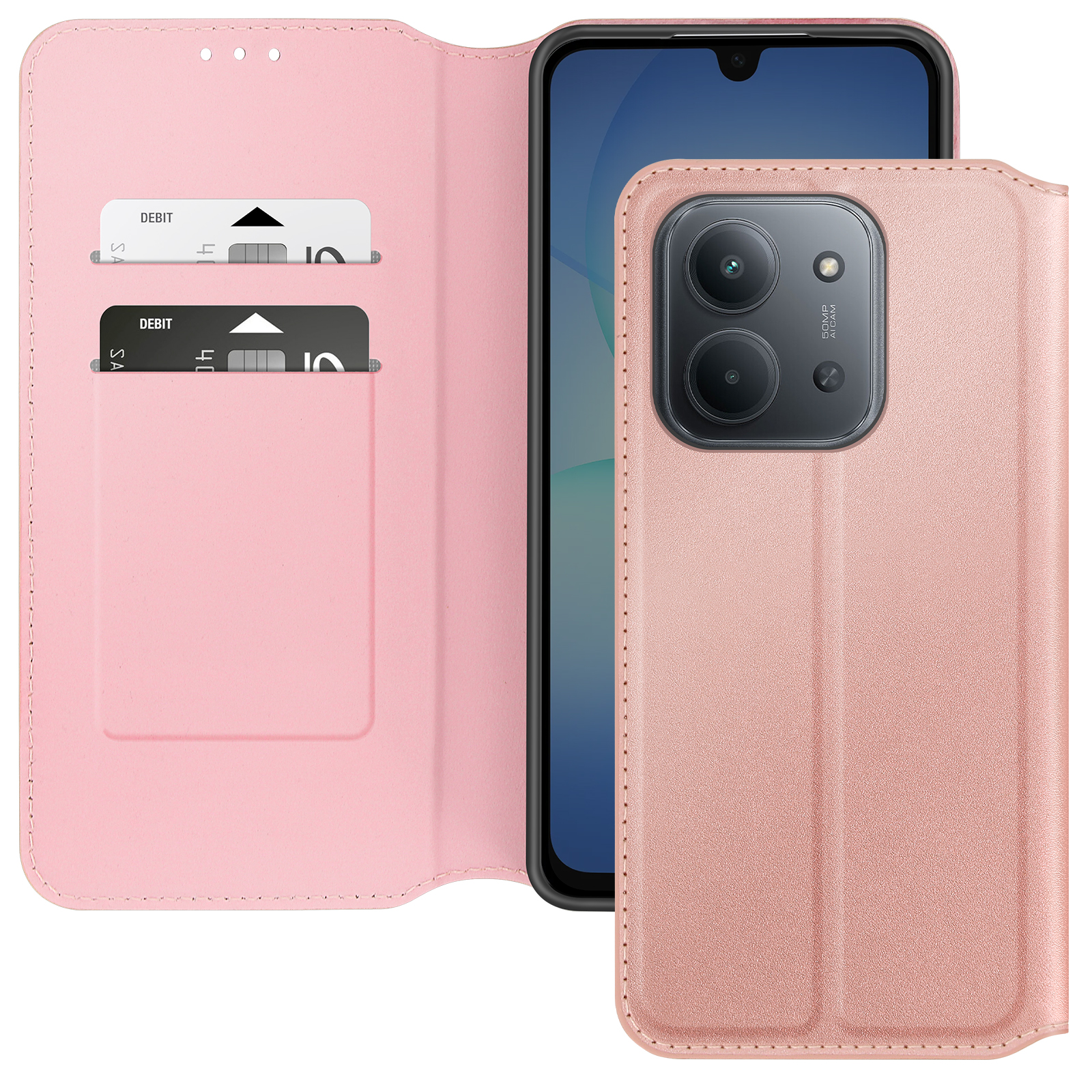Étui de téléphone rose avec un téléphone à l'intérieur, deux fentes pour cartes et deux cartes de débit. Le téléphone a une caméra.
